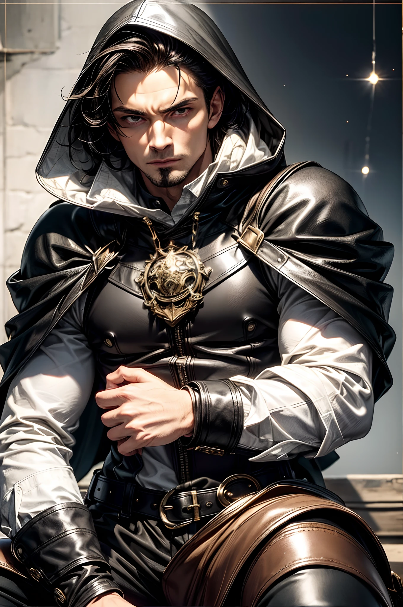 (absurderes, hight resolution, ultra-detailliert), 1 male, Adult, Handsome, High muscular face, broad shoulders, finely detailed eyes, Short black hair, Brown eyes, Black cloak, Wearing a hood, Leather Vest, Leather bag at waist......................, 2 daggers on the belt, castle, Medieval atmosphere, Natural Light and Shadow, Bright particles fly around a person, Fantastic, Mysterious, Bright glow,  Seated Pose, Serious expression, Cold, thoughtful, Mouth Shut