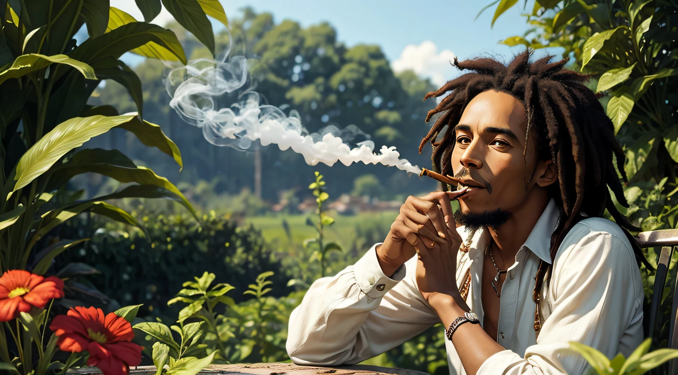 Bob Marley in his garden smoking a joint