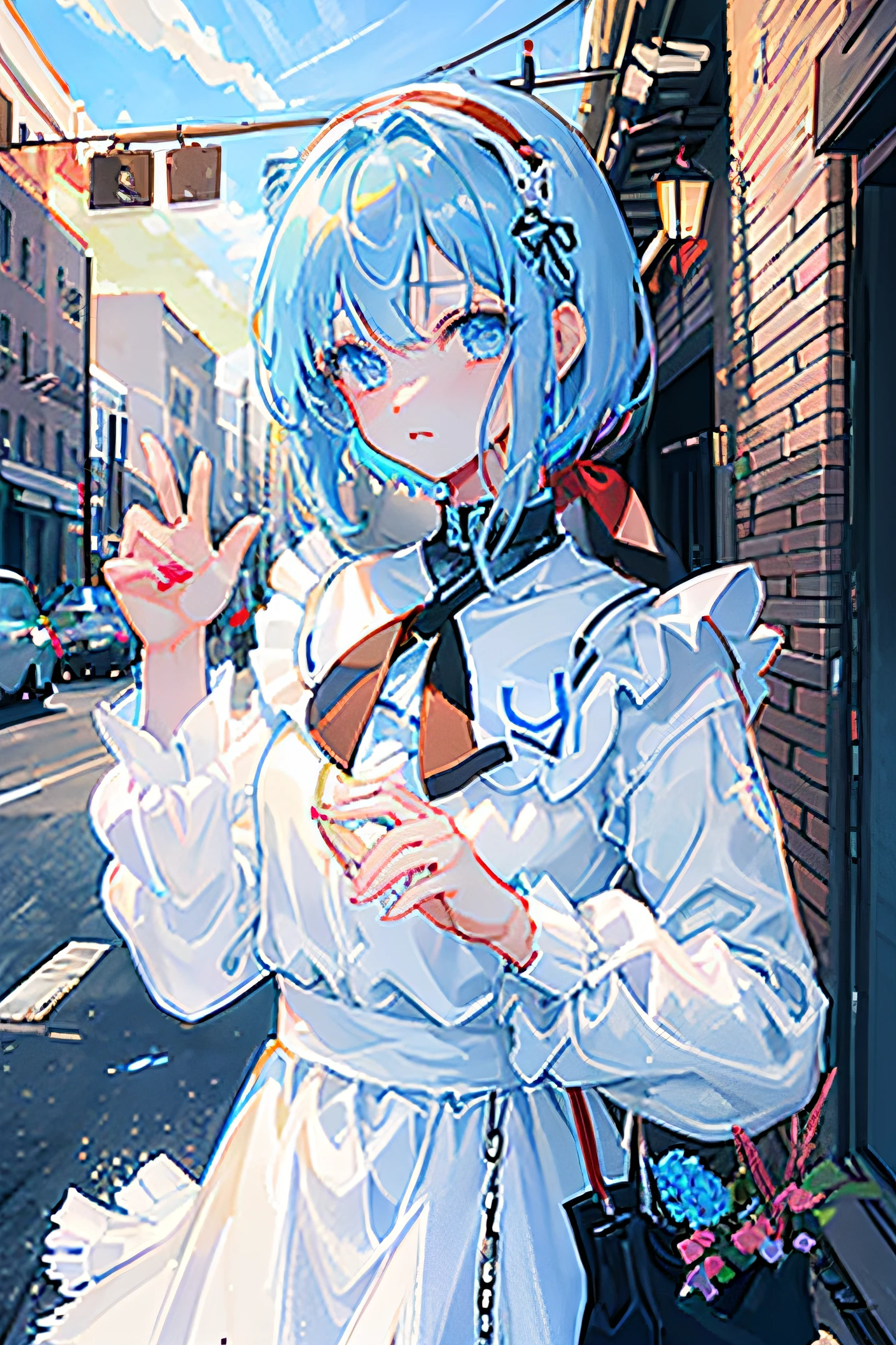 ((The ultra-detailliert、nffsw、Unity、8k wallpaper))、(​masterpiece)、(realisitic)、(Photorealsitic:1.2)、(Raw photo:1.2)、(top-quality:1.2)、(详细的脸:1.4)、(Beautiful details:1.2)、(Details hair)、Facial light、huge filesize、电影灯光、1 girl in、eye liner、Kawaii Girl、BREAK、white  hair、((Short-haired hair))、Red headband、BREAK、((blue eyess))、((Expressionless eyes))、Blue eyes、BREAK、((medium breasts⁩))、((White Dress))、The shirt、long-sleeve、 ((Black neck ribbon))、Look at the viewer、depth of fields、Yol\(chain saw man\)、(((embarassed face、embarrassed from)))、perfect teeth、perfect hand、((In the street))