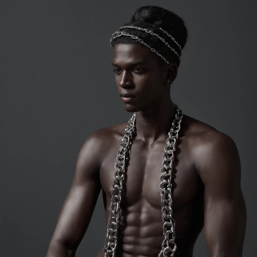 statue of a chained slave in a dark studio, perfect body statue, man statue, slave in chains representation, minimal background, classic physique.