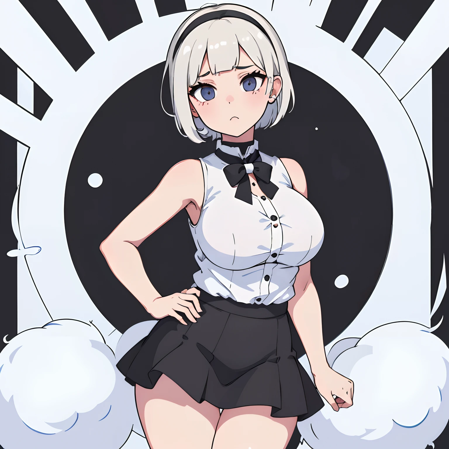 best quality, ultra high res, 1girl, sleeveless white button shirt, black skirt, black choker, cute, (Kpop idol), (aegyo sal:1), (platinum blonde hair:1), ((puffy eyes)), looking at viewer, full body, facing front. Huge boobies.