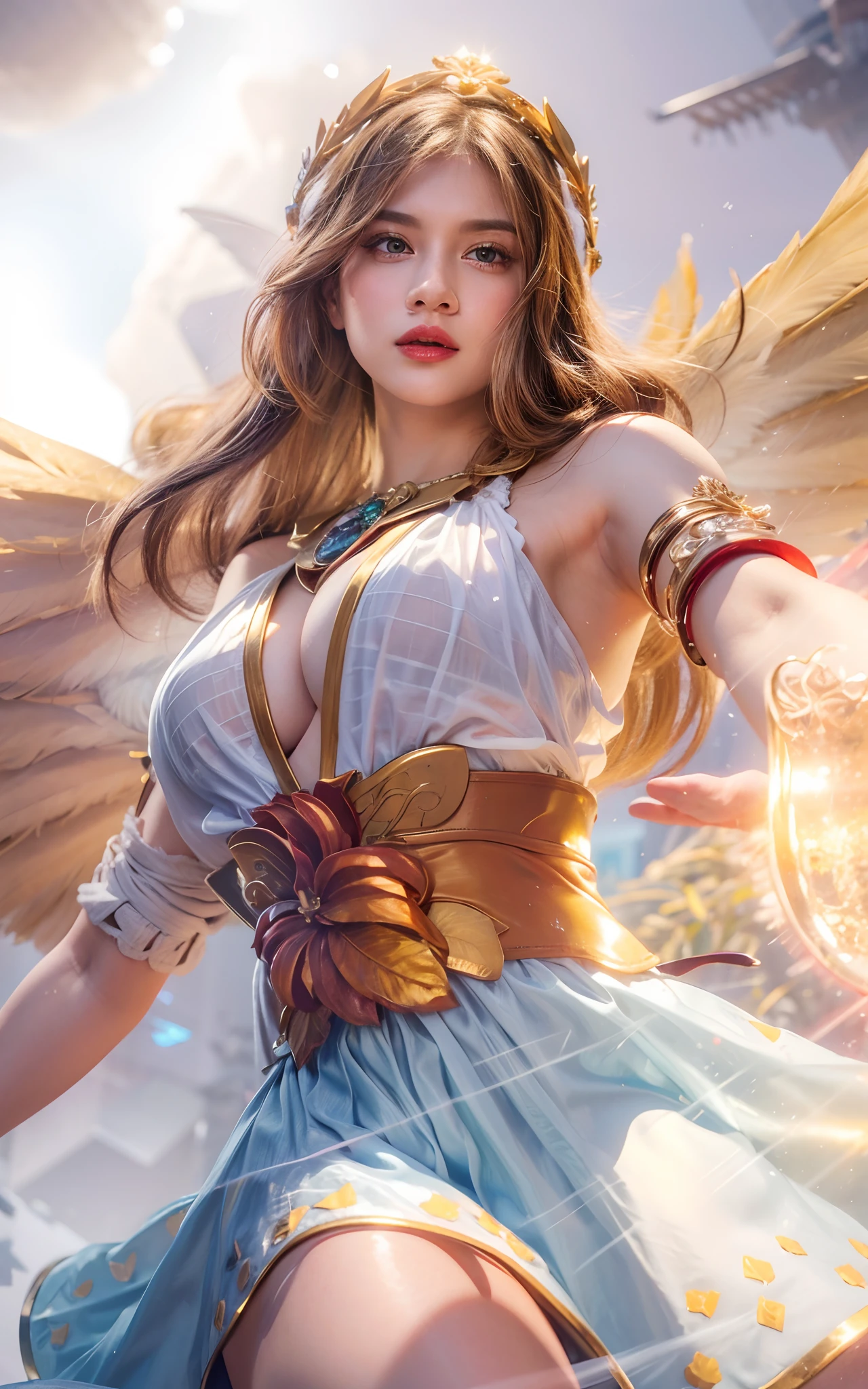 (female:1.2), 8k, ultra hd, ultra detailed texture, hyper realistic, masterpiece, detailed texture, detailed face, detailed skin, detailed lighting, (photorealistic:1.5), best quality, beautiful lighting, cinematic lighting, professional lighting, ultra highres, realistic, detailed hair, real hair, high quality, (realskin:1.5), extremely detailed, finely detail, ultra-detailed, 1girl, solo, goddes, red lips, parted lips, nose, white skin, pretty, beautiful, cure face, long hair, blonde hair, (large breasts), cleavage, armpit, shoulder bracelet, mechanical wings, feathered wings, bracelet,thigh, bare shoulder, white dress, skirt, holding, crown, rafaela \(mobile legends\), blue saphire, depth of field, looking aways, from below, skin tight, amazing pose, outdoors, glowing, sunlight, sunrise, blurry background