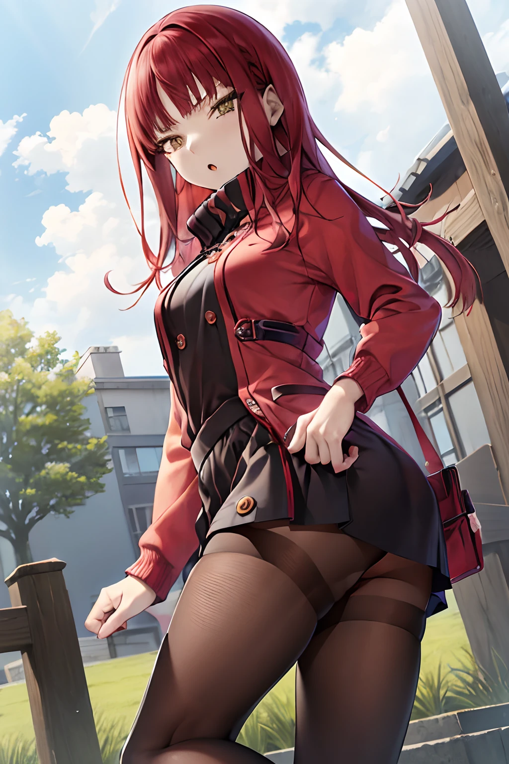 masutepiece, Best Quality, absurderes, Perfect Anatomy, 1girl in, Solo, Yoko Katori, Long hair, Knitted Outerwear、((a miniskirt)), ((pantyhose))、((long boots))、((Photo from below))、((Show panties))、((Stomp on viewers))