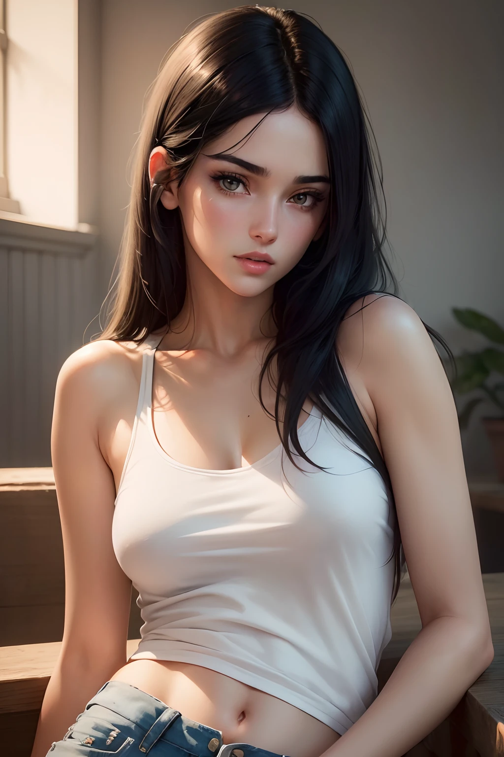(best quality,highres,realistic:1.37),girl in a white low-cut top and denim shorts with long black hair looking to the side,illustration,detailed eyes and face,casually positioned hands,beautiful detailed lips,vivid colors,soft lighting