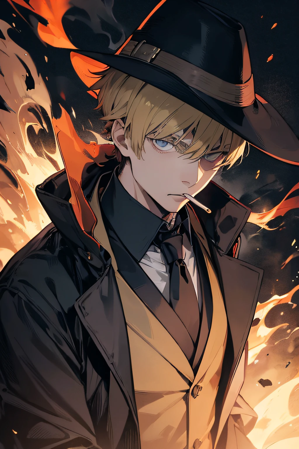 Reigen Arataka in a strict black suit and beige raincoat, a gray scarf on his shoulders, a burning cigarette in his mouth