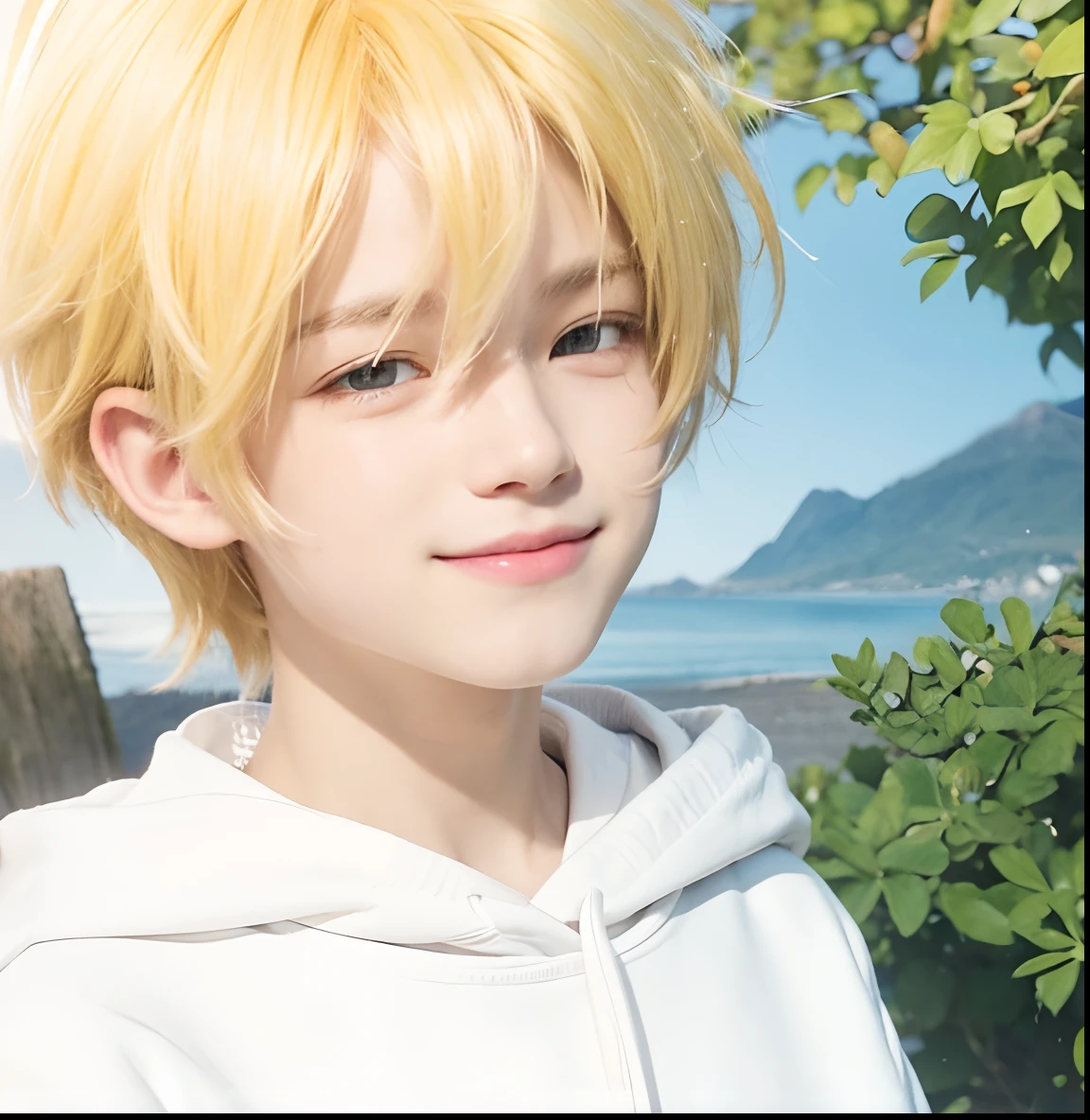 A teenage boy with realistic yellow hair, exactly the same hairstyle, realistic  handsome face, realistic smiling expression, realistic closed side eye,Wearing a realistic white hoodie, realistic light, realistic shadows, realistic background,Realistic ultra detailed closed side eye,12 year old boy,Realistic sweet face and handsome too