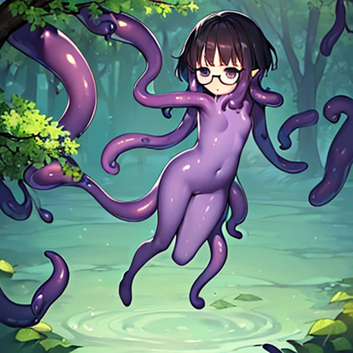 ((NSFW100))、(((full body seen)))、(((Flat))), (((Girl in black glasses)))、(((short dark hair))), (((Black eyes)))、((Wearing purple slimy tentacles))、(Slimy mucus erupts from the whole body)、((With a troubled expression on his face))、(Hanging from a tree with tentacle arms)、Looking down here、
