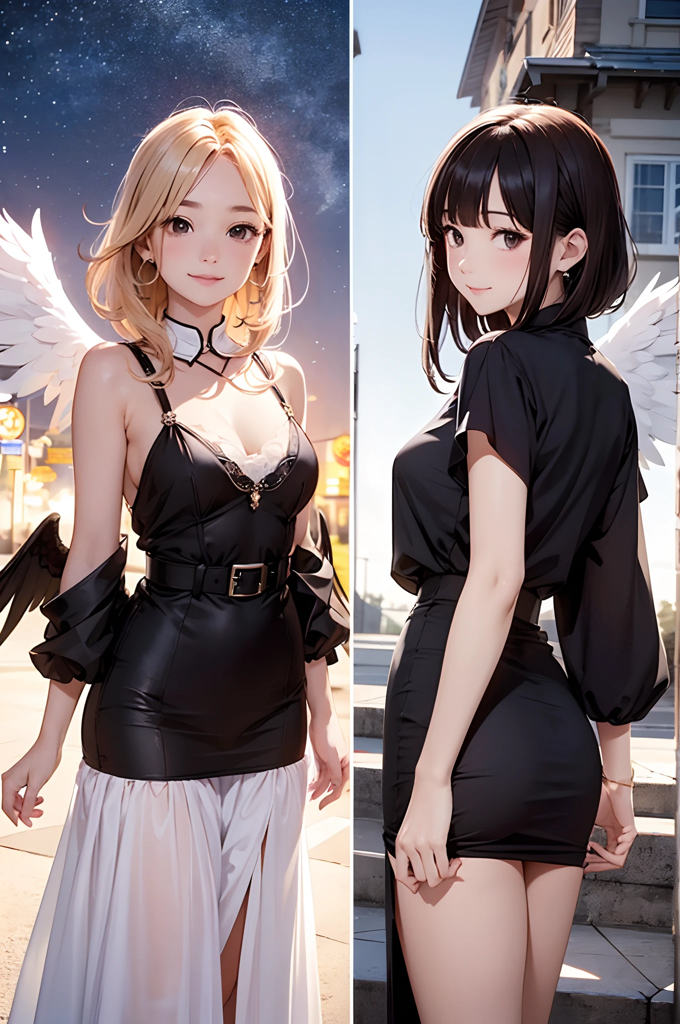 Same person、2 females、The same face、Top image quality、hight resolution、8K、Side-by-side depiction、animesque、illustratio、
(1) Brown hair and jet-black eyes、Bob Hair、Innocent smile、Delicate body、Black attire/(2) a blond、long、Shining eyes、Angel wings on the back、Pure White Prom Dresses、Clear look、goddes