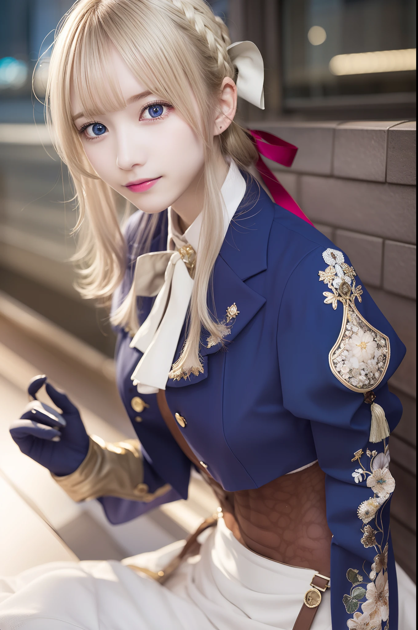 Violet Evergarden, Violet Evergarden, Blonde hair, Blue eyes, Hair Ribbon, bow ribbon, Short hair, Braids, hair braids, Red Ribbon, maturefemale,
Blake Blue Jacket, Brown gloves, Cropped jacket, Dress, gloves, Green brooch, Jacket, juliet sleeves, Long sleeves, Puffy sleeves, White Dress,
BREAK looking at viewer,
BREAK outdoors, city,
BREAK (masutepiece:1.2), Best Quality, High resolution, Unity 8k壁纸, (Illustration:0.8), (Beautiful detailed eyes:1.6), extra detailed face, Perfect Lighting, extremely details CG, (Perfect hands, Perfect Anatomy),A smile、japanes