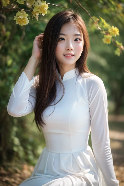 girlcuchoami, 1girl, smile, aodai white, photo art, flower, a stunning photo with beautiful saturation, ultra high res,(realistic:1.4)),deep shadow,(best quality, masterpiece), pale skin, dimly lit, shade, flustered, blush, highly detailed, skinny, BREAK depth of field, film grain, wrinkled skin, looking at viewer, knee, warm smile, (upper body), masterpiece,ultra realistic,32k,extremely detailed CG unity 8k wallpaper, best quality