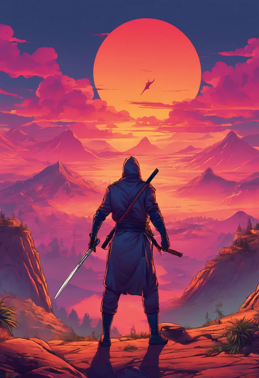 HD clear,Optimal image,illustration,超詳細,high detal,A ninja in the mountains,eventide,In the daytime,suns,katana swords,longspear,preparing to fight,Blood dripping