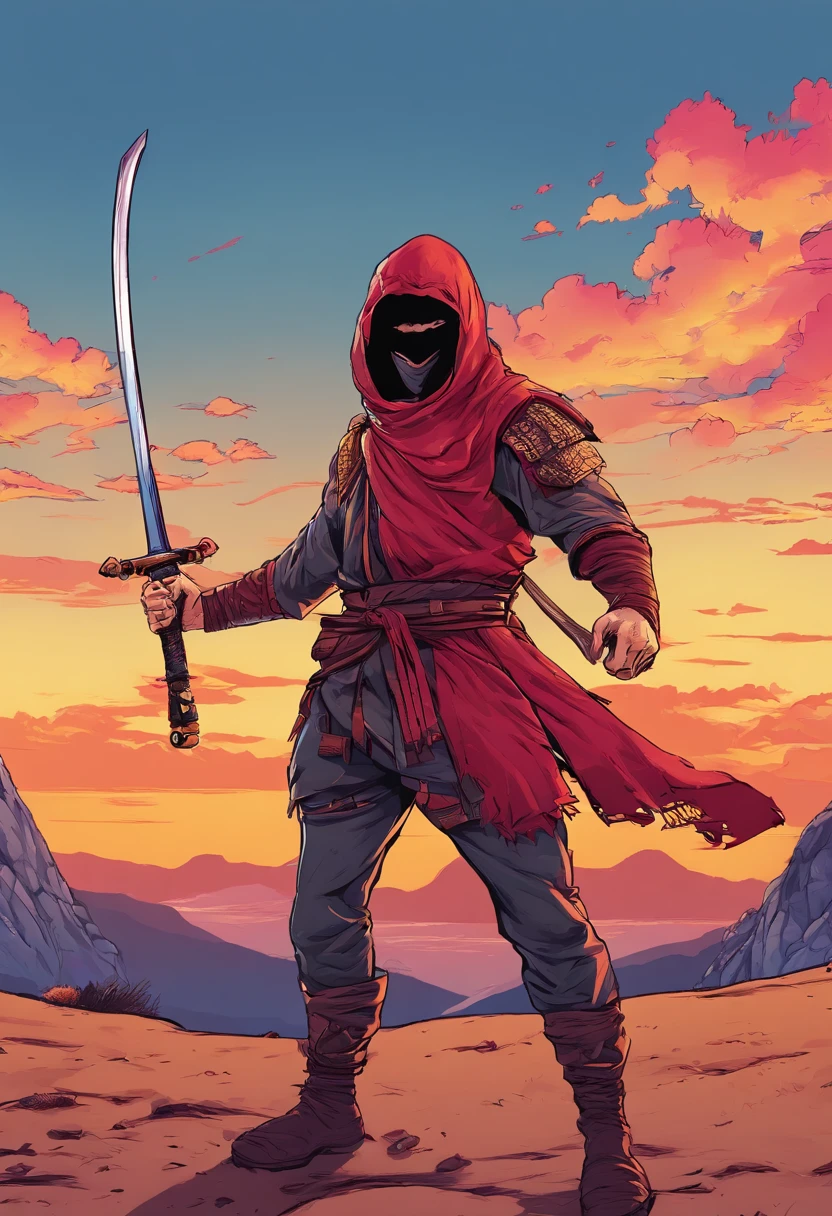 HD clear，Optimal image，illustration，超詳細，high detal，A ninja in the mountains，eventide，In the daytime，suns，katana swords，longspear，preparing to fight，Blood dripping