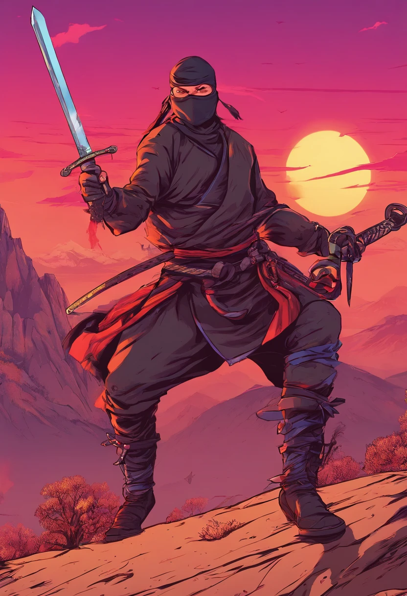 HD clear,Optimal image,illustration,超詳細,high detal,A ninja in the mountains,eventide,In the daytime,suns,katana swords,longspear,preparing to fight,Blood dripping