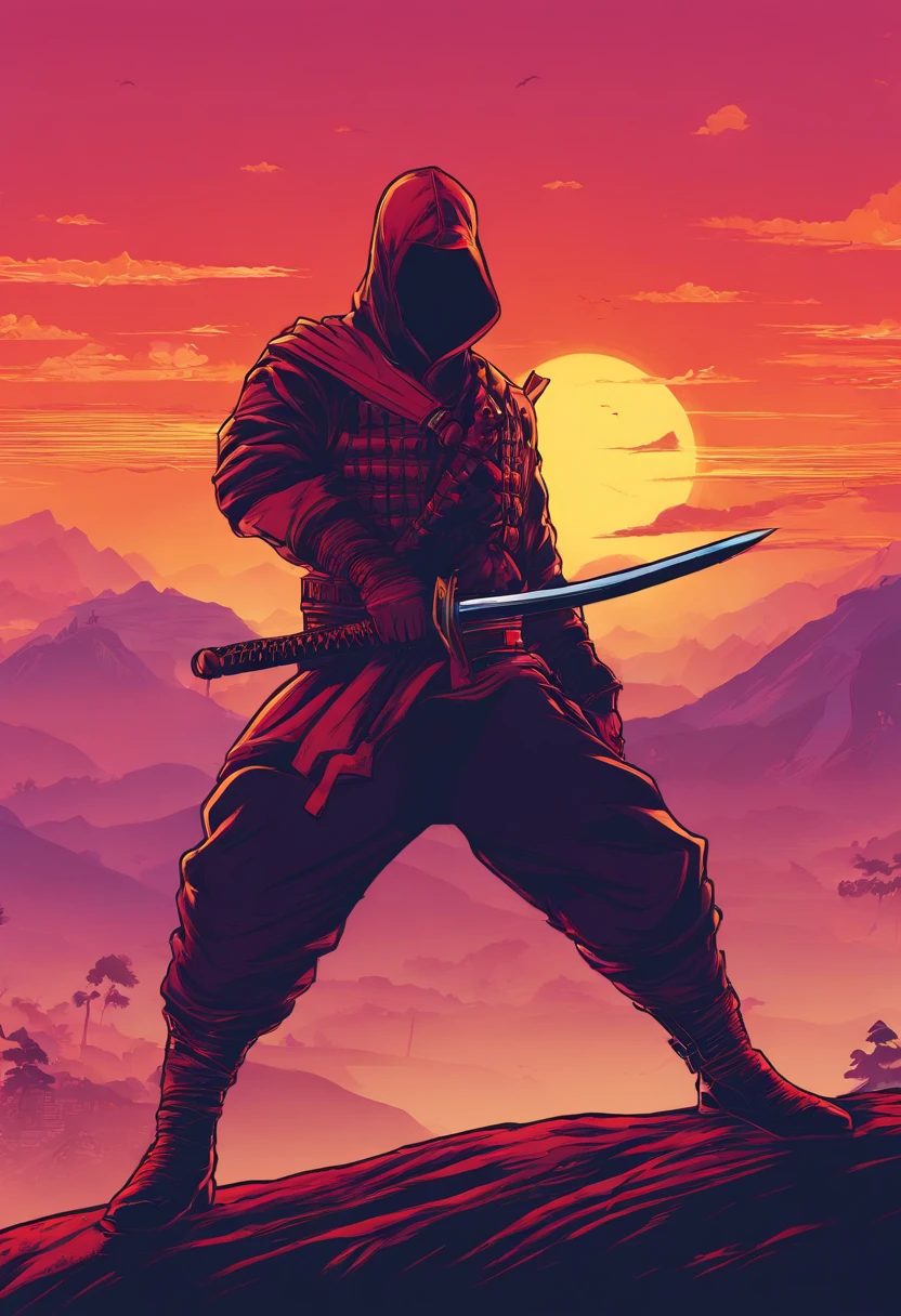 HD clear,Optimal image,illustration,超詳細,high detal,A ninja in the mountains,eventide,In the daytime,suns,katana swords,longspear,preparing to fight,Blood dripping