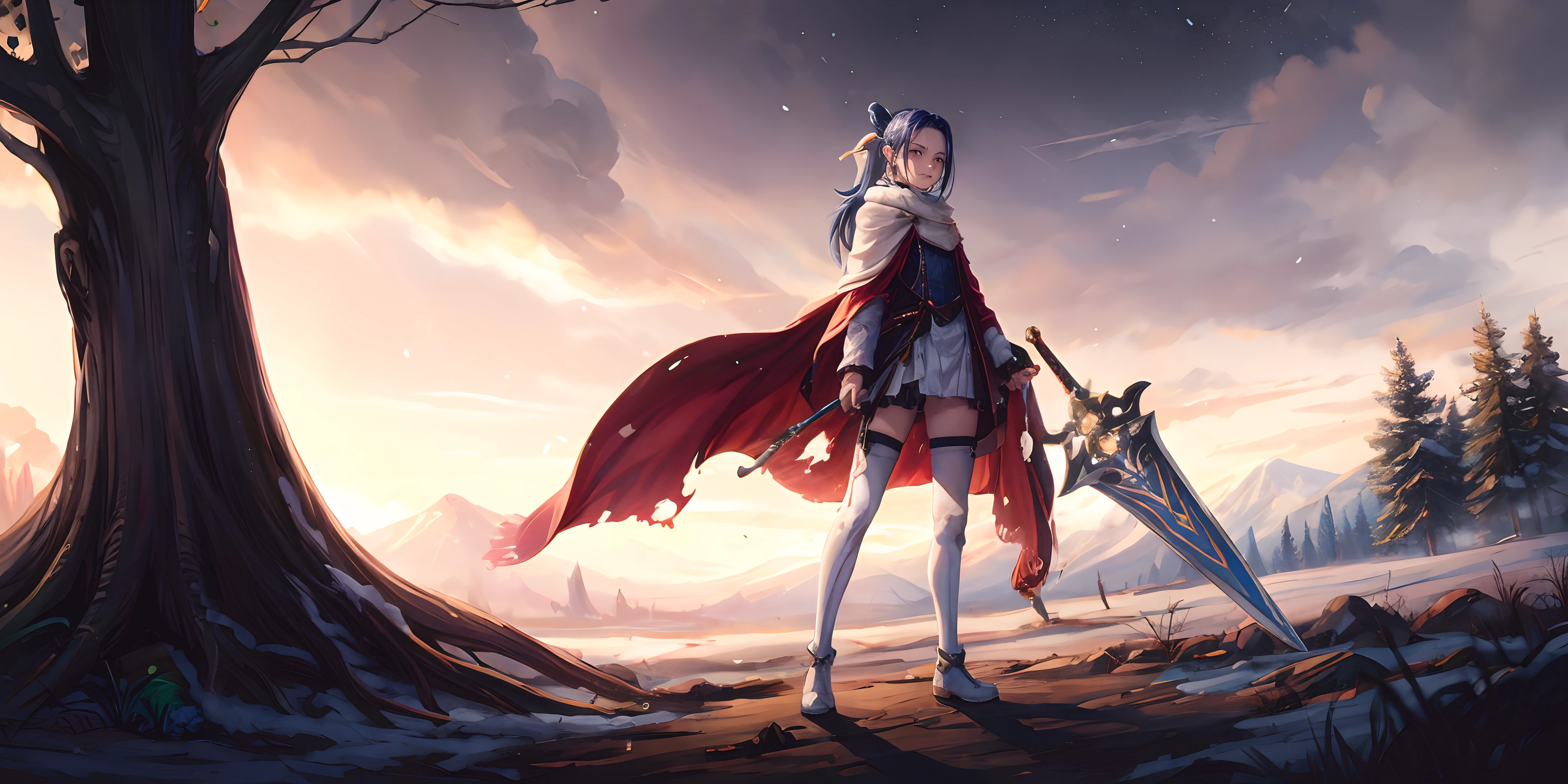 (shaded face:1.2), hollow eyes, brown eyes, looking at viewer, heavy breathing, smirk, uppert teeth, blue hair, ponytail, long hair, cape, standing, boots, breastplate, cape, cloud, cloudy sky, light particles, long hair, looking at viewer, moon, mountain, night, night sky, outdoors, sky, snow, snowing, solo, standing, star \(sky\), starry sky, sunset, sword, thighhighs, torn clothes, tree, twilight, very long hair, weapon, white cape, detailed skin texture, (blush:0.5), (goosebumps:0.5), subsurface scattering, "Photorealistic, Hyperrealistic, Hyperdetailed, analog style, soft lighting, subsurface scattering, realistic, heavy shadow, masterpiece, best quality, ultra realistic, 8k, golden ratio, Intricate, High Detail, film photography, soft focus"