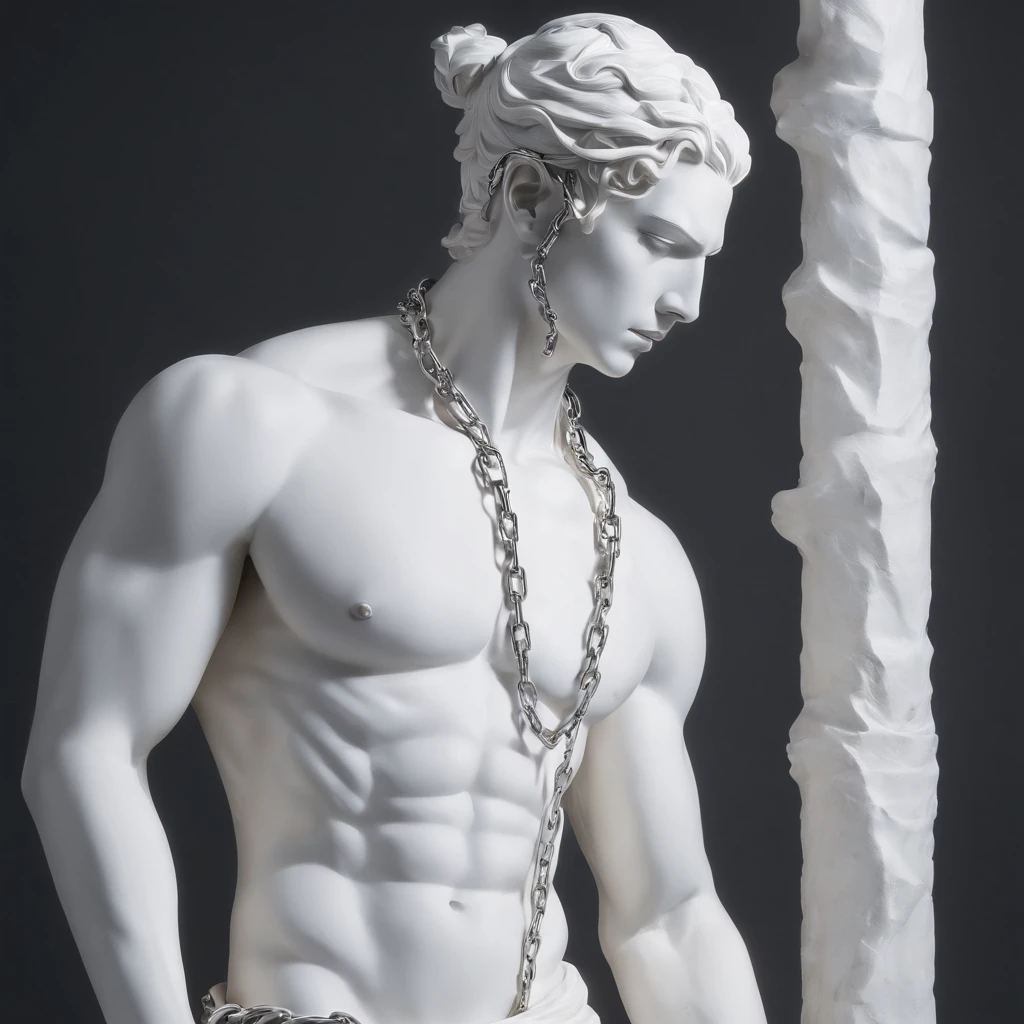 White statue of a chained slave in a dark studio, perfect body statue, man statue, slave in chains representation, minimal background, classic physique.