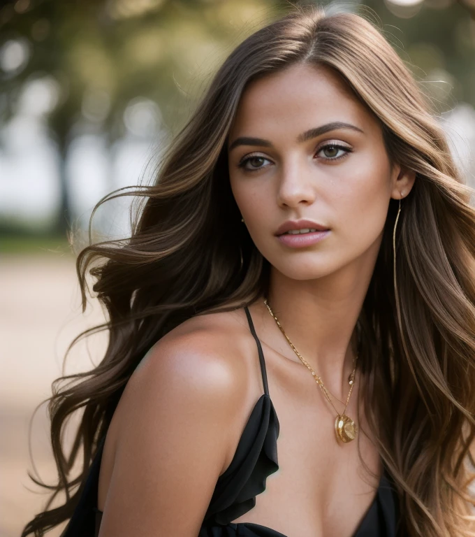 (masterpiece, best quality, high resolution:1.4), 1girl, half body, long brown wavy hair blown in the wind, wearing a black elegant dress, golden jewels, staring at camera, chapped lips, detailed eyes blue, skin pores, wrinkled skin, outside, Photography, movie, cinematic, (8k, RAW photo), (realistic, photo-realistic:1.33), soft natural lighting, dramatic lighting, depth of field, film grain, sharp focus, fashion photography, magical photography, photo realism, ultra-detailed, intimate composition, Leica 50mm,
