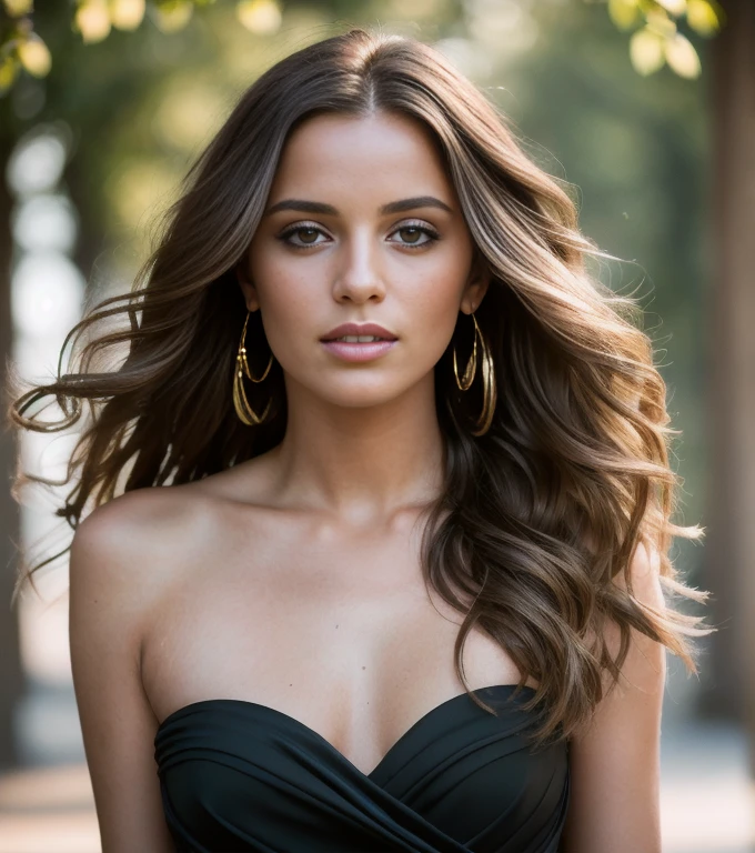 (masterpiece, best quality, high resolution:1.4), 1girl, half body, long brown wavy hair blown in the wind, wearing a black elegant dress, golden jewels, staring at camera, chapped lips, detailed eyes blue, skin pores, wrinkled skin, outside, Photography, movie, cinematic, (8k, RAW photo), (realistic, photo-realistic:1.33), soft natural lighting, dramatic lighting, depth of field, film grain, sharp focus, fashion photography, magical photography, photo realism, ultra-detailed, intimate composition, Leica 50mm,
