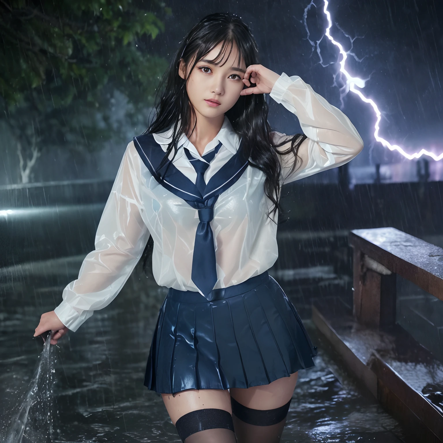 ((Best Quality, masutepiece, 超A high resolution、The most complex and detailed depictions)),1 schoolgirl、((Uniforms covered in water all over the body))、((Alone in the city))、Sad face、terrified expression、((A big thunder flashes))、((One giant lightning bolt))、((Very heavy rain))、((Ōlan))、Fallen trees and debris in the background、((Wet white uniform shirt))、The perfect texture of a wet shirt、((Very intense realistic rain))、The perfect texture for wet hair、((Water Flowing on Body))、((Drenched hair))、((very wet hair))、((wet and disheveled hair))、((Uniforms soaked all over))、The skin is faintly visible from the top of the clothes、Wet and see-through skin、((Perfect texture down to the smallest detail of wet clothes))、Countless water droplets adhere to the body、((Underwear that can be seen through the top of clothes))、((Perfectly expresses the texture of soaked hair))、Wet and shiny hair、((Wearing a dark blue wet skirt))、it is raining heavily、((Very complex and realistic lightning))、a dark night、feeling of despair、perfect anatomia、Looking at the camera、Sad face、Face of fear、Looks cold、((extremely cold))、Lightning flashes、drenching、Ōlan