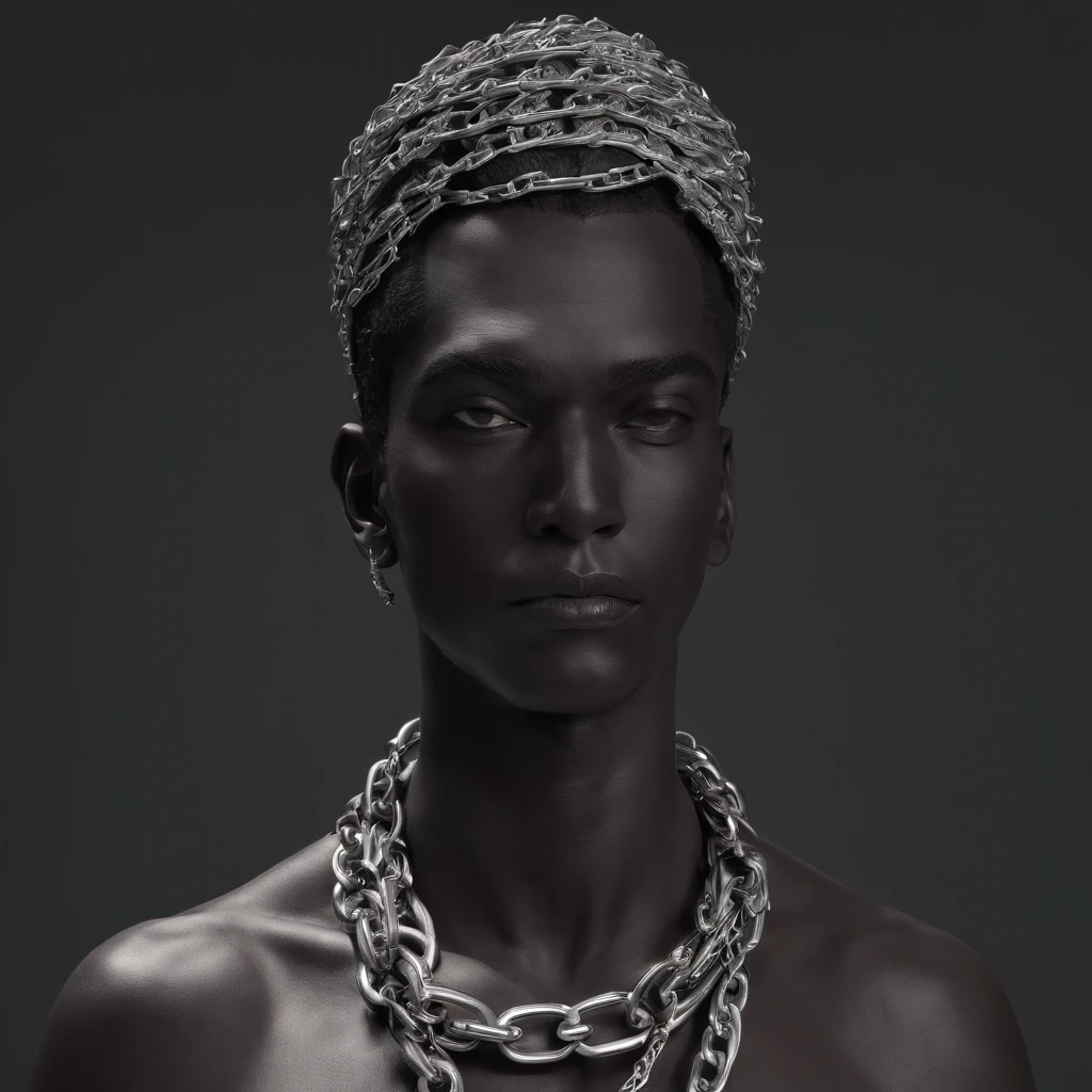 Grey statue of a chained slave in a dark studio, perfect body statue, man statue, slave in chains representation, minimal background, classic physique.