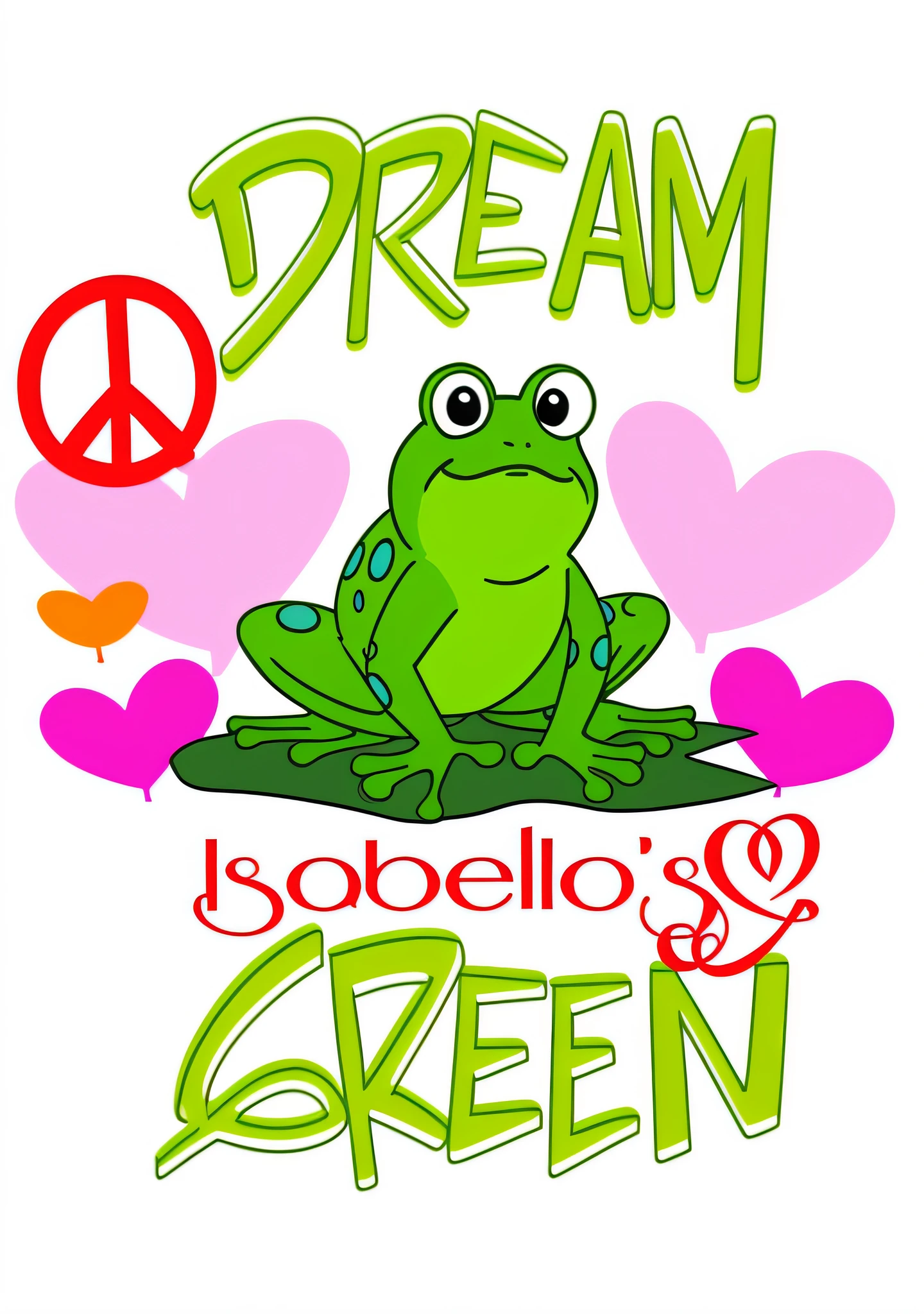 a green frog sitting on top of a leaf with peace signs, isabella, i dream on, frog themed, inspired by Melissa Benson, inspired by Pamela Drew, custom, peepo the frog!!!, took on ipad, inspired by Sophia Beale, one green, inspired by Melissa A. Benson, dream design, green, a dream, dreams, #green, Perfect quality， （tmasterpiece：1.2） （realisticlying：1.2） （Bokeh） （best qualtiy） （detailedskin：1.3） （complexdetails） （8K） （detailedeyes） ,Disney style，by Pixar，