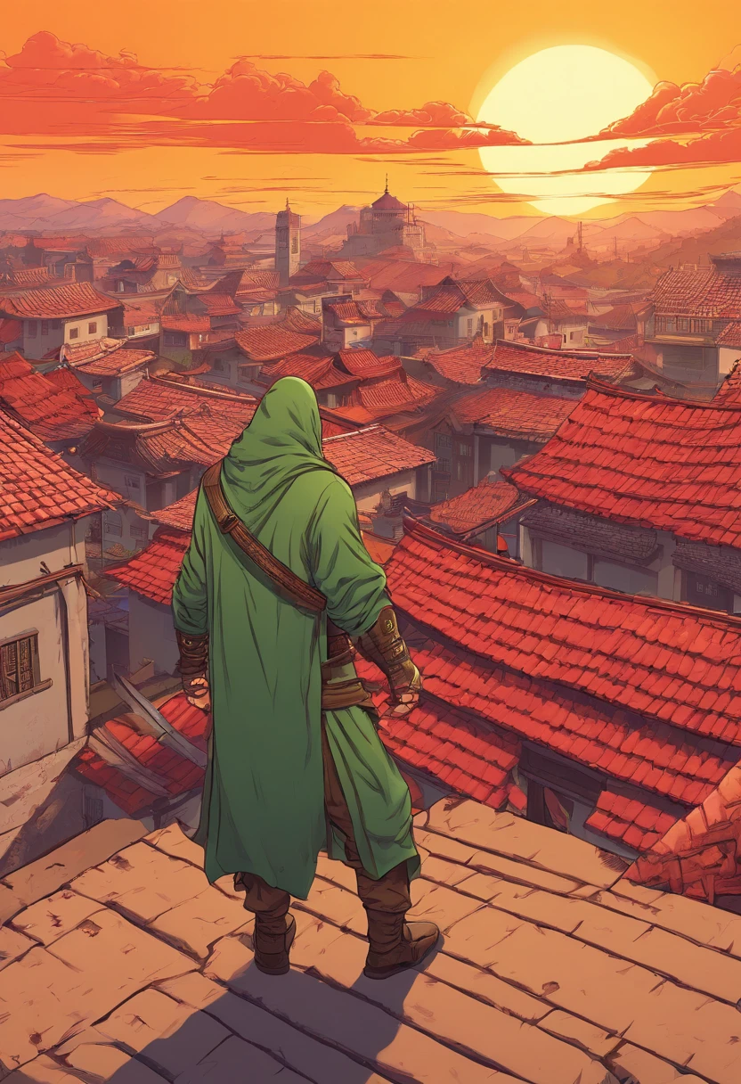 HD clear,Optimal image,illustration,超詳細,high detal,A ninja,eventide,suns,preparing to fight,Stand on a medieval rooftop,Overlooking,crowd of,Castle in the distance