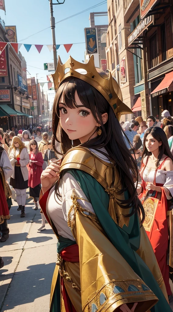female, Accurately depict the people and faces of everyone in the image, Downtown, Procession of Saints, medieval times, saint,