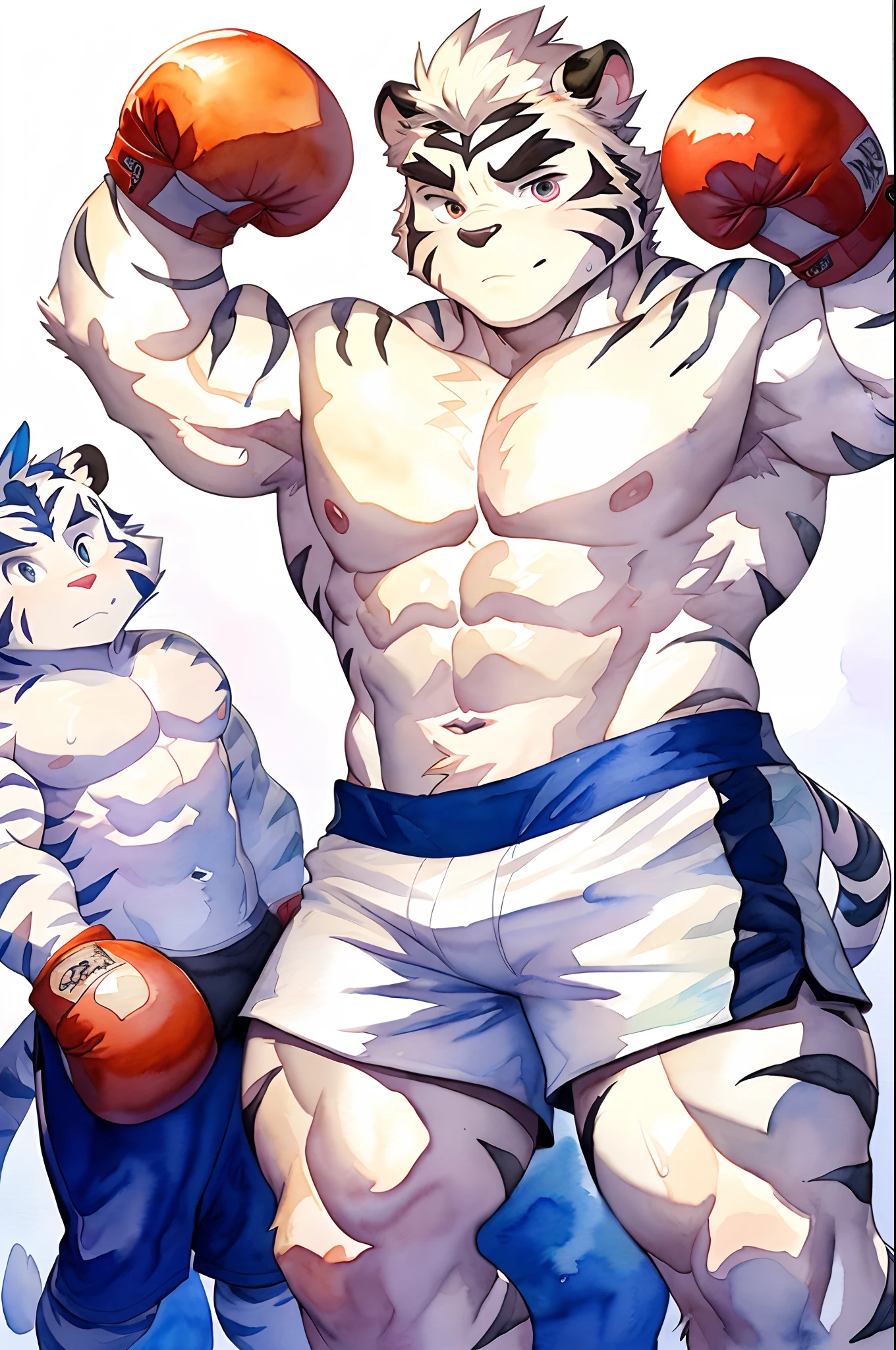 Hominidae, Pose for Camera. 4K, high resolution, Best quality, posted on e621, (Two anthropomorphic white tigers:1.2), male people, 20yr old, Thick eyebrows, Light blue stripes, Ultra-short hair, shaggy, Strong body, large pecs, ((Shirtless)), They are practicing boxing, Pink milk clusters, sweat leggs, White skinny shorts, Small raised, In the gym, (sport, Muscular, Heavyweight:1.2), Correct anatomy, (White background, Watercolor background:1.1), (by Chunie, author:Taran Fidler:0.8), (Detailed eyes:1.2), Sexy, (cel-shaded:1.2), cartoon shading, (aquarelle:1.2), Serious expressions, Be red in the face, (view the viewer:1.2)