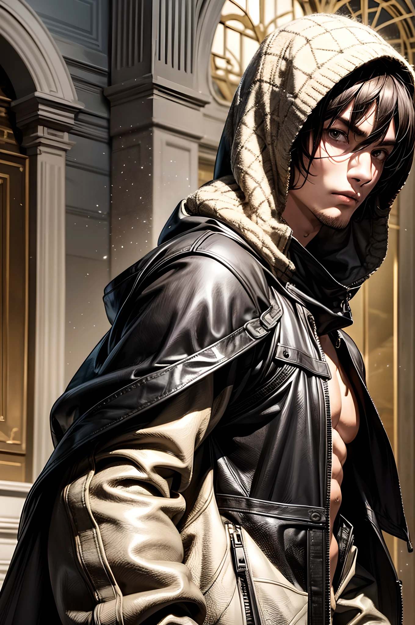 (absurderes, hight resolution, ultra-detailliert), 1 male, Adult, Handsome, High muscular face, broad shoulders, finely detailed eyes, Short black hair, Brown eyes, Black cloak, Wearing a hood, Leather Vest, Leather bag at waist........................, 2 daggers on the belt, castle, Medieval atmosphere, Natural Light and Shadow, Bright particles fly around a person, Fantastic, Mysterious, Bright glow,  Seated Pose, Serious expression, Cold, thoughtful, Mouth Shut