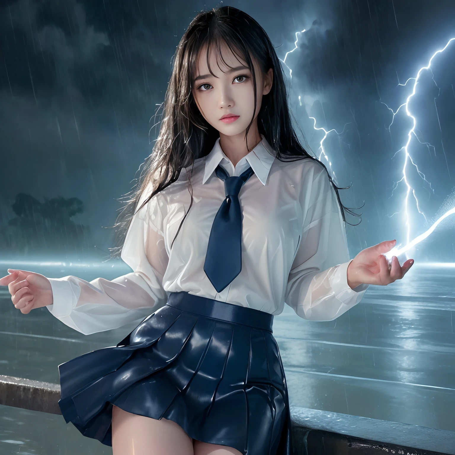 ((Best Quality, masutepiece, 超A high resolution、The most complex and detailed depictions)),1 girl、((Uniforms covered in water all over the body))、((Alone in the city))、Sad face、terrified expression、((A big thunder flashes))、((One giant lightning bolt))、((Very heavy rain))、((Ōlan))、Fallen trees and debris in the background、((Wet white uniform shirt))、The perfect texture of a wet shirt、((Very intense realistic rain))、The perfect texture for wet hair、((Water Flowing on Body))、((Drenched hair))、((very wet hair))、((wet and disheveled hair))、((Uniforms soaked all over))、The skin is faintly visible from the top of the clothes、Wet and see-through skin、((Perfect texture down to the smallest detail of wet clothes))、Countless water droplets adhere to the body、((Underwear that can be seen through the top of clothes))、((Perfectly expresses the texture of soaked hair))、Wet and shiny hair、((Wearing a dark blue wet skirt))、it is raining heavily、((Very complex and realistic lightning))、a dark night、feeling of despair、perfect anatomia、Looking at the camera、Sad face、Face of fear、Looks cold、((extremely cold))、Lightning flashes、drenching、Ōlan