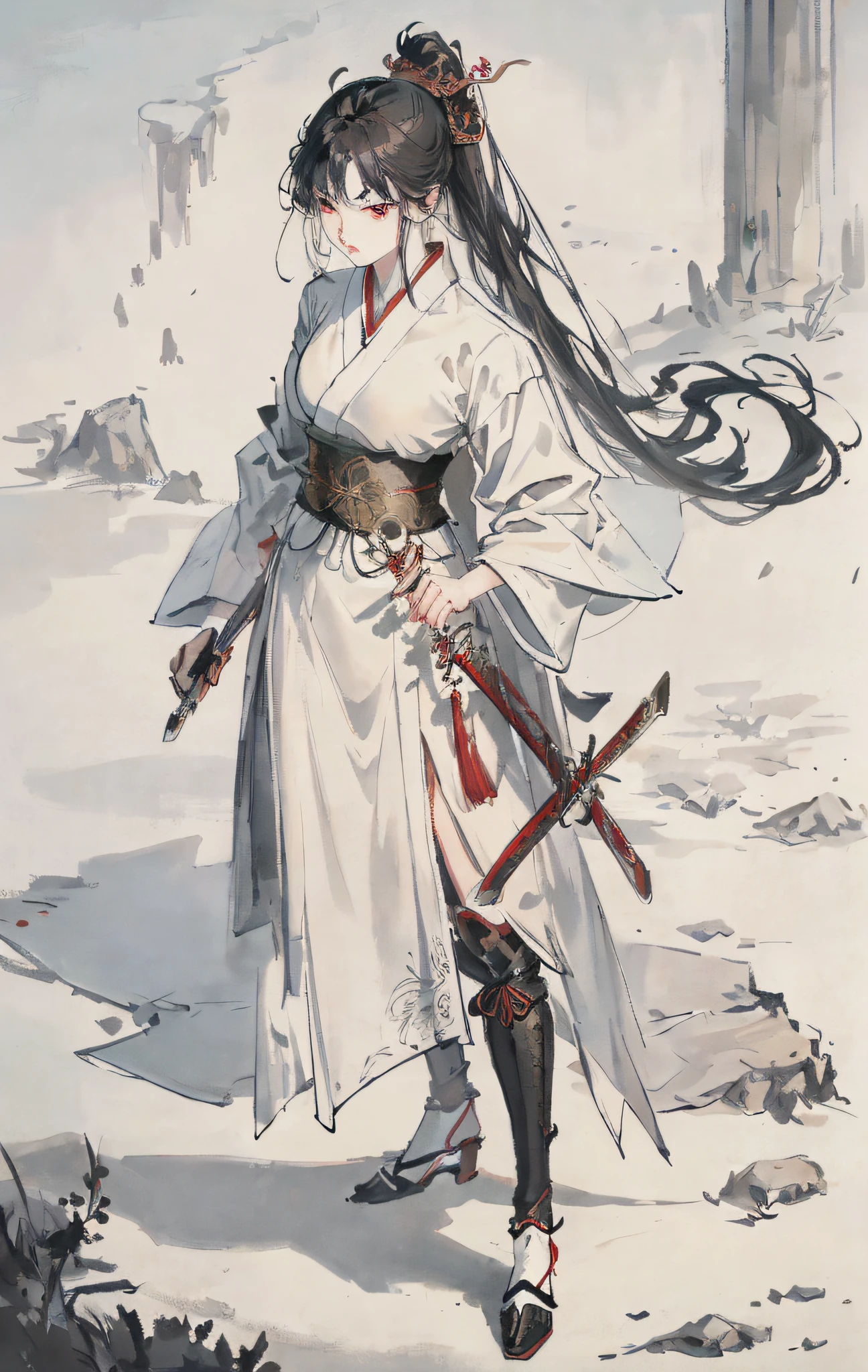 Armed with a long weapon、standing on your feet、full bodyesbian、Warrior image、(Eyes with beautiful details)、Very delicate and beautiful girl、Domineering weapons、Wearing long black cloth shoes