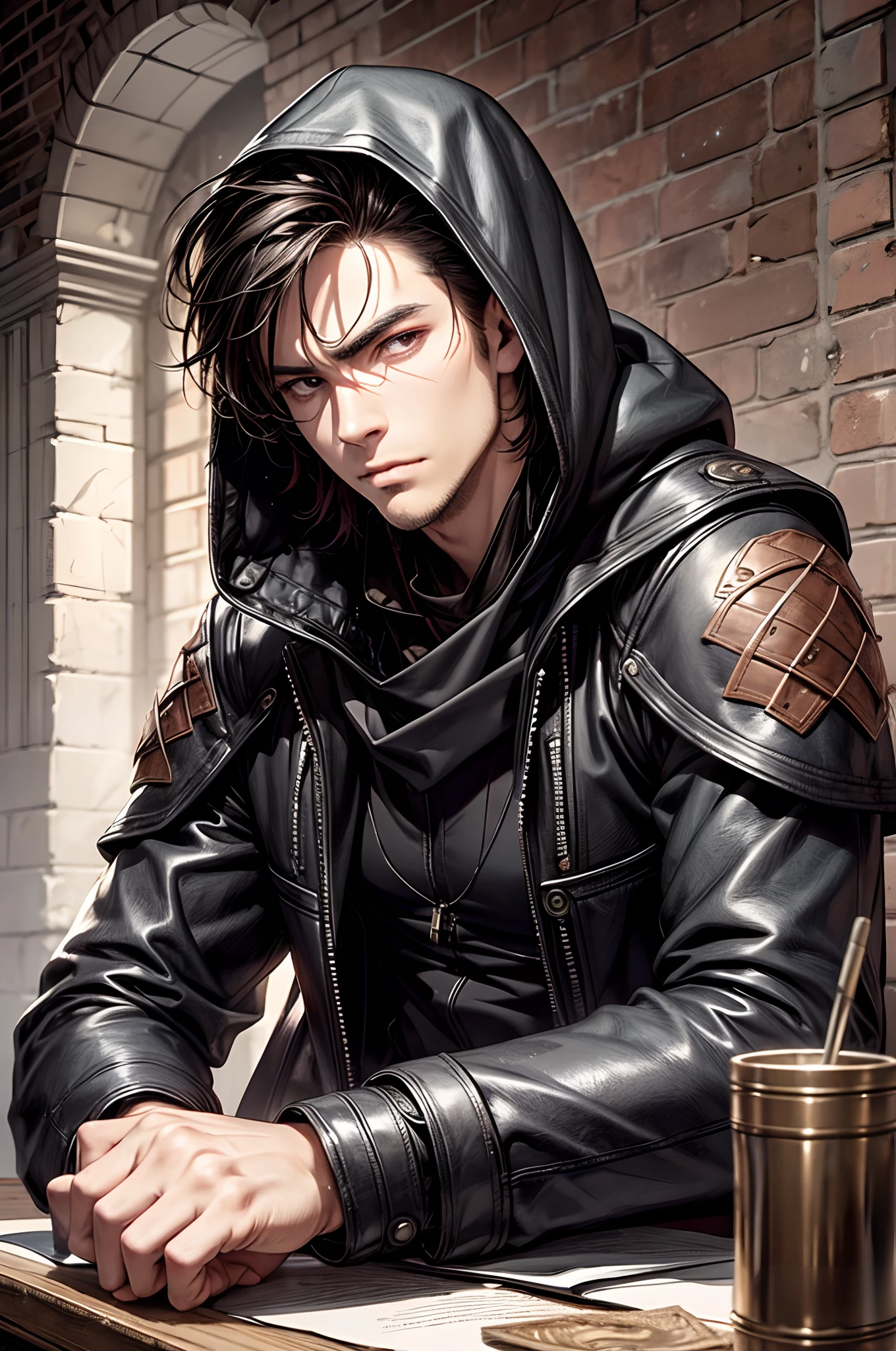 (absurderes, hight resolution, ultra-detailliert), 1 male, Adult, Handsome, High muscular face, broad shoulders, finely detailed eyes, Short black hair, Brown eyes, Black cloak, Wearing a hood, Leather Vest, Leather bag at waist........................, 2 daggers on the belt, castle, Medieval atmosphere, Natural Light and Shadow, Bright particles fly around a person, Fantastic, Mysterious, Bright glow, Seated Pose, Serious expression, Cold, thoughtful, Mouth Shut