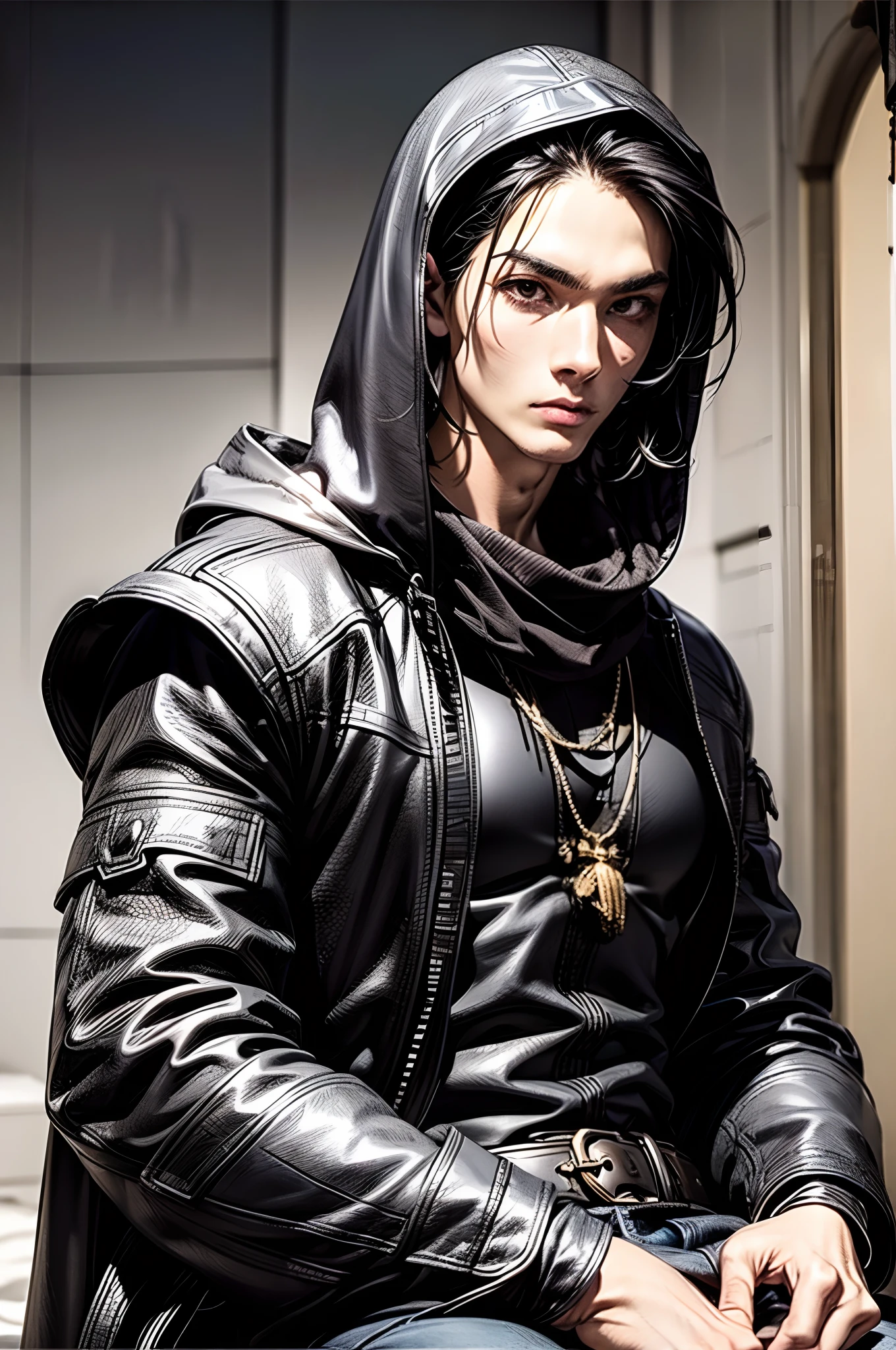 (absurderes, hight resolution, ultra-detailliert), 1 male, Adult, Handsome, High muscular face, broad shoulders, finely detailed eyes, Short black hair, Brown eyes, Black cloak, Wearing a hood, Leather Vest, Leather bag at waist........................, 2 daggers on the belt, castle, Medieval atmosphere, Natural Light and Shadow, Bright particles fly around a person, Fantastic, Mysterious, Bright glow,  Seated Pose, Serious expression, Cold, thoughtful, Mouth Shut