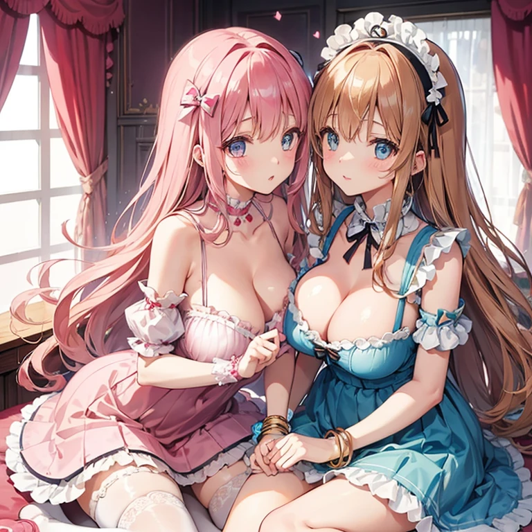 2 girls、chestnut-colored hair、fluffy and soft hair、Blue eyes、Gingham Check One Piece、setup、Colossal tits、Lace and ruffles、Retro、knee high socks、Enchanted breasts、Enchanted thighs、Pink lip、Pink Nails、Retro and cute room、heart mark、bow ribbon、Retrocute、a choker、耳Nipple Ring、A bracelet、cleavage of the breast、no-bra、embracing each other、