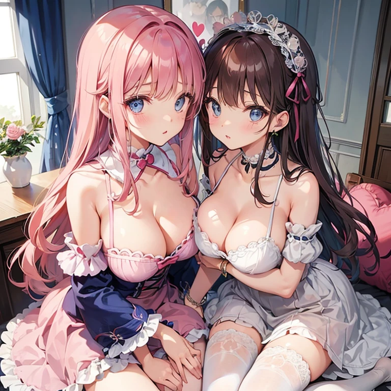 2 girls、chestnut-colored hair、fluffy and soft hair、Blue eyes、Gingham Check One Piece、setup、Colossal tits、Lace and ruffles、Retro、knee high socks、Enchanted breasts、Enchanted thighs、Pink lip、Pink Nails、Retro and cute room、heart mark、bow ribbon、Retrocute、a choker、耳Nipple Ring、A bracelet、cleavage of the breast、no-bra、embracing each other、