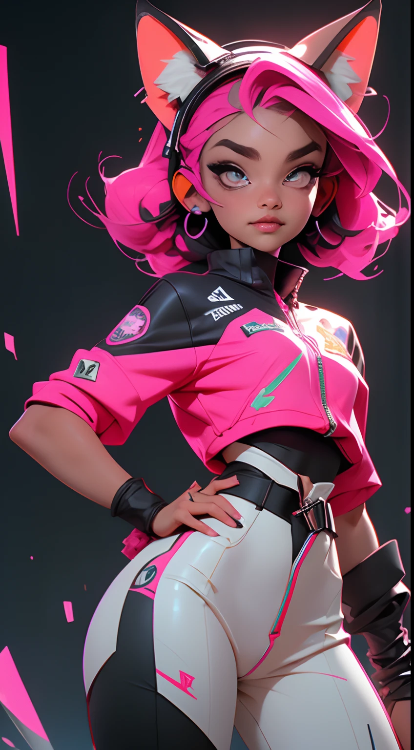 (Melhor qualidade), (obra-prima), (realista) and ultra-detailed photo of cute girl in futuristic neon headphones with plastic fox ears, Ela tem um (de capuz), usa couro (desabotoado) jaqueta de corrida rosa-preto em um corpo nu, sob o qual podemos ver ((enormes peitinhos eretos semiabertos)), (mamilos eretos), barriga aberta, shorts apertados de couro, e exala uma vibe (beautiful and aesthetic),   corpo sexy , pupilas detalhadas, detailed iris of eyes, Um sorriso envergonhado e lascivo abrindo a boca,