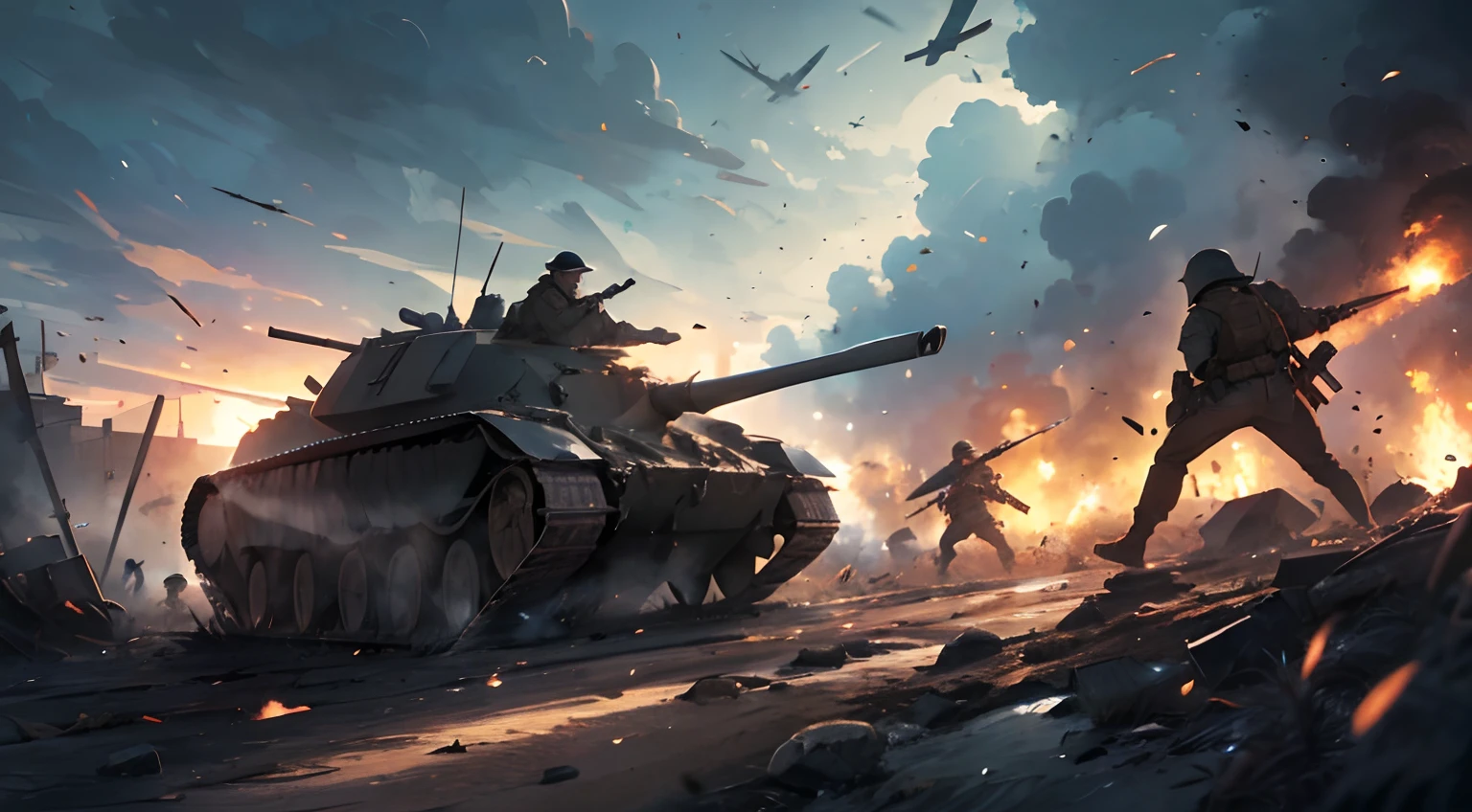 Soldiers from both sides fight against each other, shooting each other in the field, armored vehicles, tanks, fire, defense