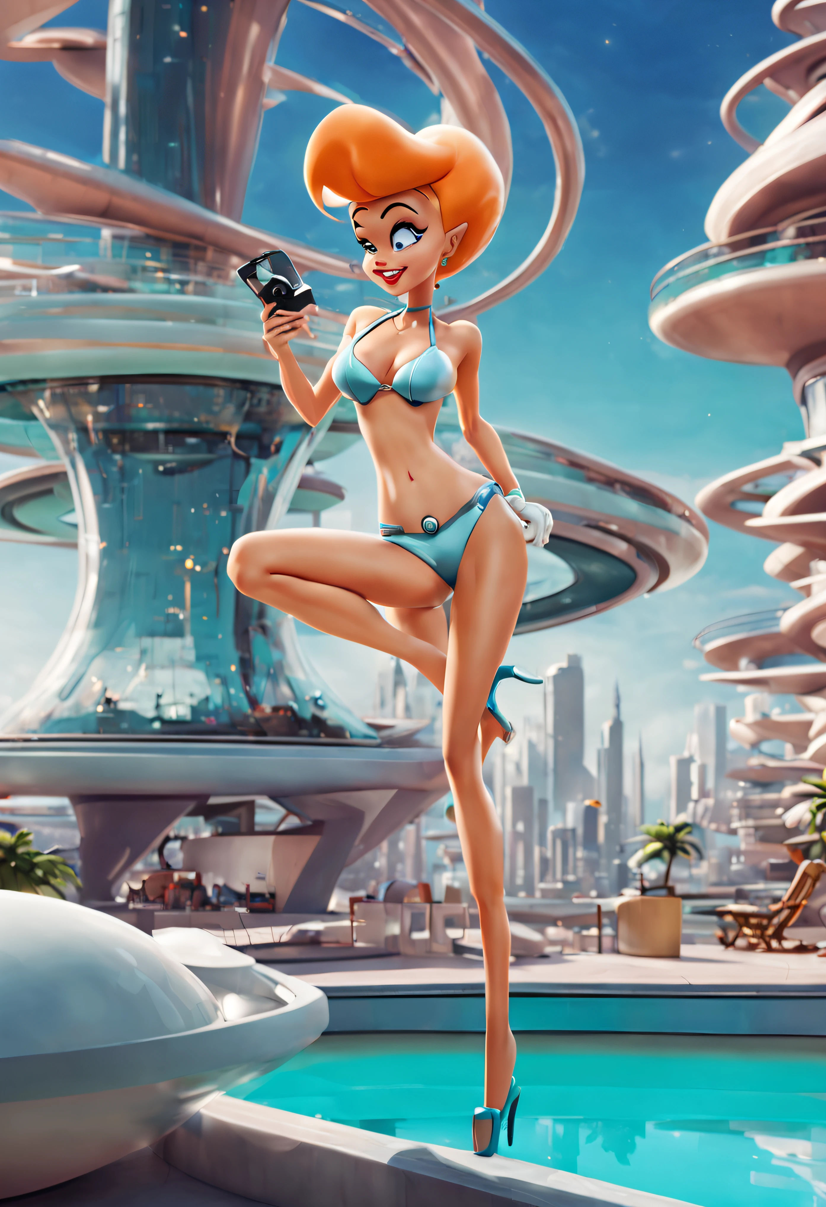 Judy Jetson of The Jetsons in Brazilian Mini Bikini with Sex Position,  en una terraza observando orbit city . con sus futuristas edificios,  intrincados detalles de la maquina de la mas alta calidad, estilo cinematografico, nitidez absoluta, imagen 8k.