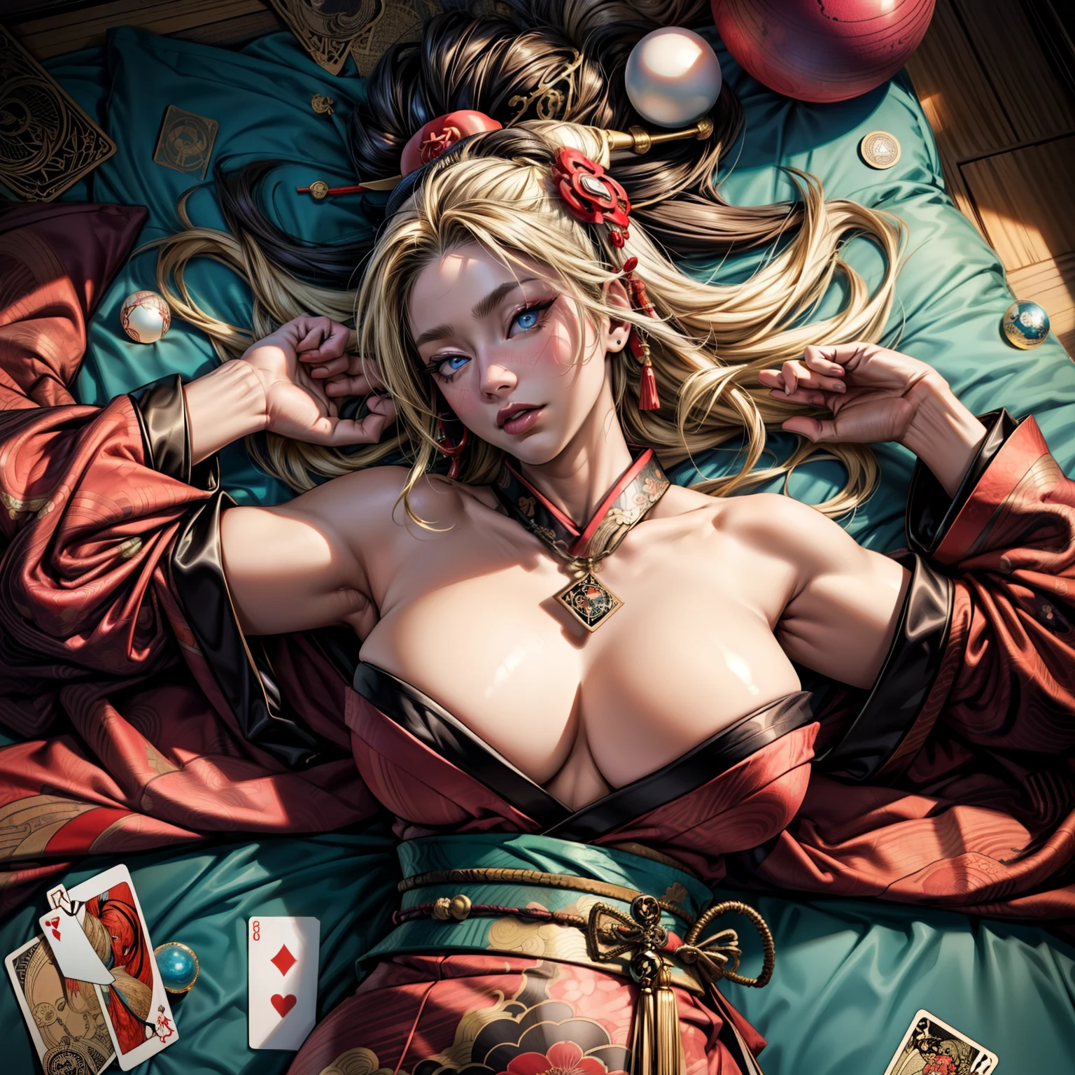 there is 1woman that lying on bed,solo,((lie on one's back)),(((A MILF: 1.4))), (Curvy:1.35), mature beautiful European ,Curvy wide hips, huge breasts, ((Open kimono)), bare shoulders,((Sexual suggestiveness)),from above, silk pillows, (((tarot cards))), (((long curly blonde hair))), beautiful sky blue anime eyes, thick thighs, hair pin, jewelry, large crystal ball, (((oiran))),