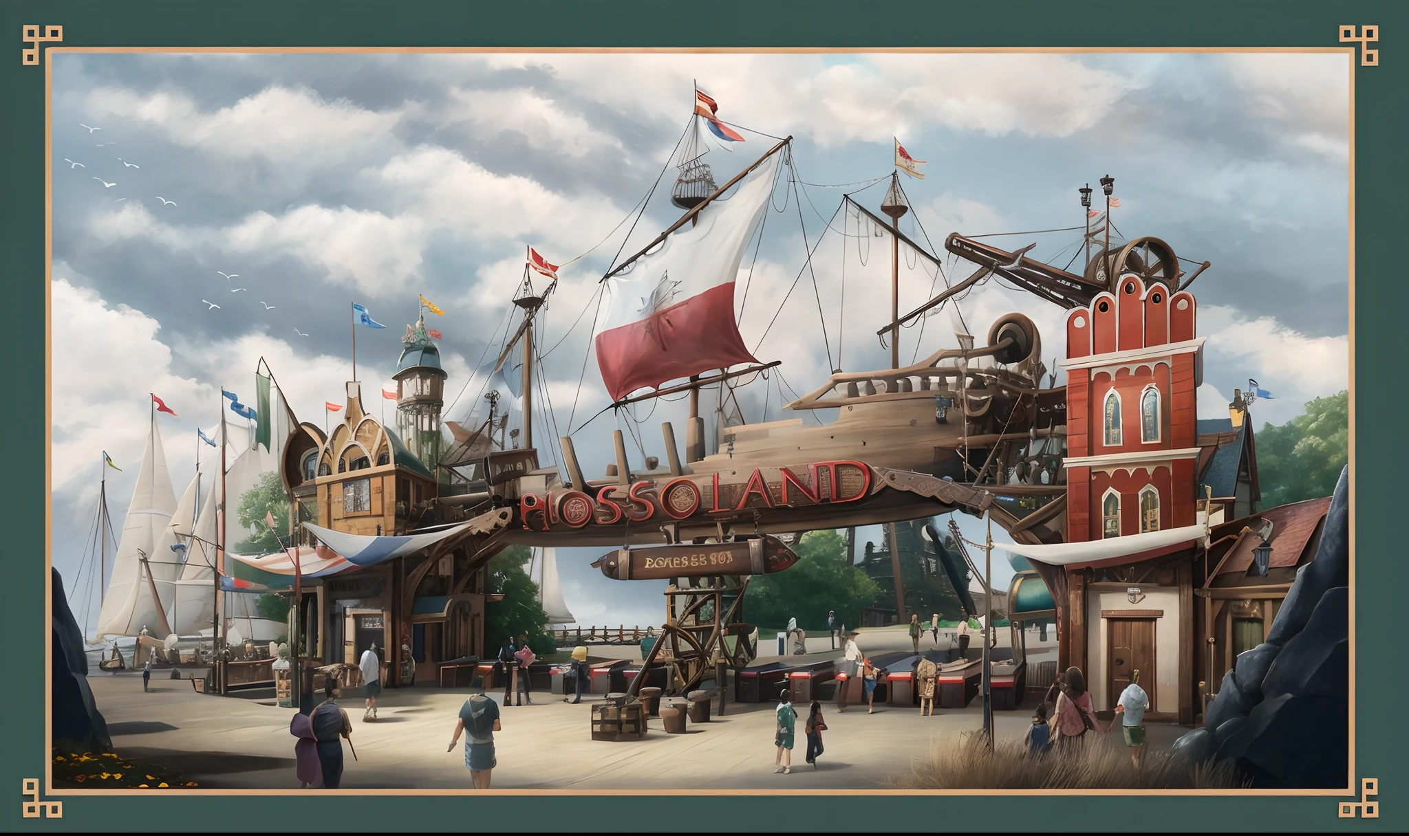 Painting of a pirate ship in the harbor,People are moving around, renaissance port city background, Disneyland background, concept art by disney, disney render, Official illustration, concept art highly detailed, disney land, shipyard, loadscreen”, disney steampunk, victorian steampunk city vista, Official concept art, Official artwork, disney concept artists, Concept Art", Concept Map", arte renderizada, concept art rendering
