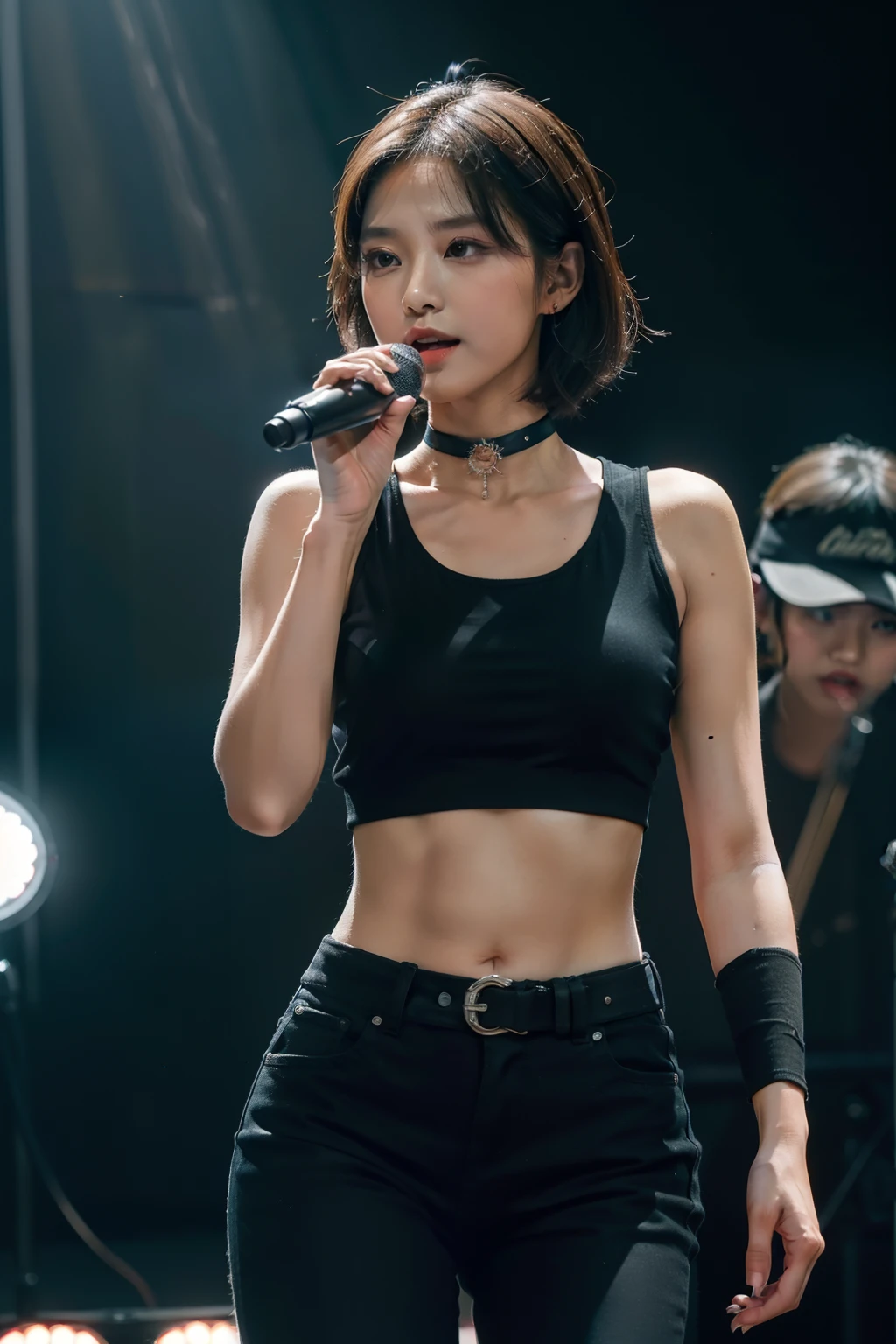 (masterpiece, best quality:1.2), cowboy shot, solo, 1girl, indonesian, pantura, flower \(v4\), \:d, singing, holding microphone, short hair, sleeveless shirt, black pants, choker, bandages, musical concert, stage, spotlight
