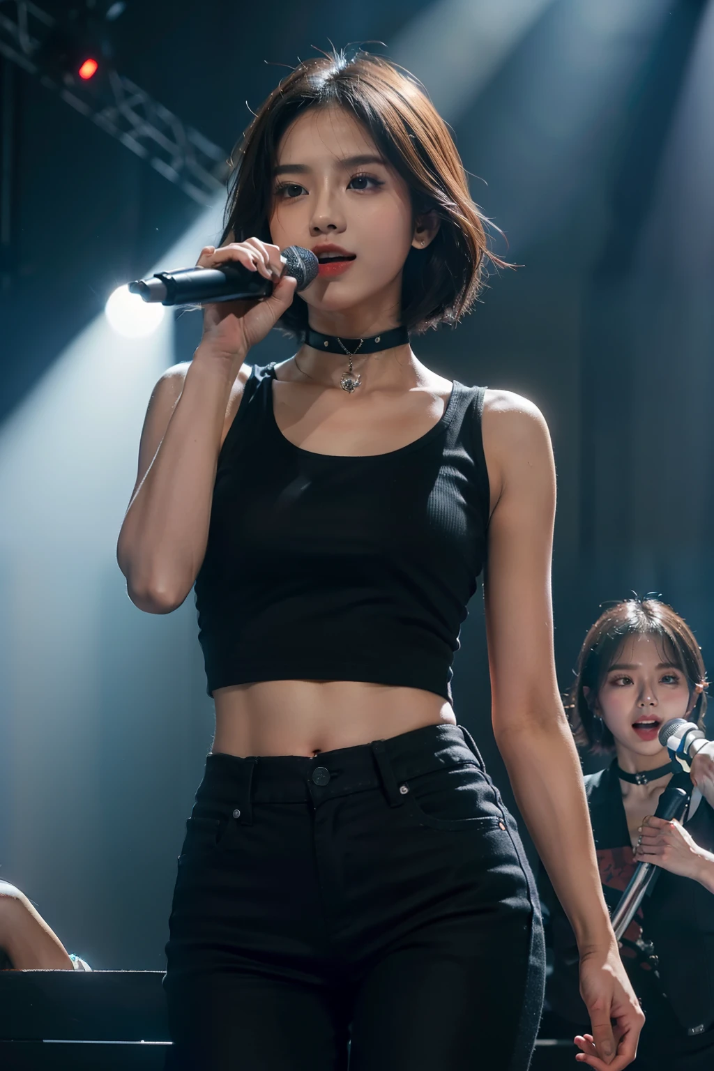 (masterpiece, best quality:1.2), cowboy shot, solo, 1girl, indonesian, pantura, flower \(v4\), \:d, singing, holding microphone, short hair, sleeveless shirt, black pants, choker, bandages, musical concert, stage, spotlight