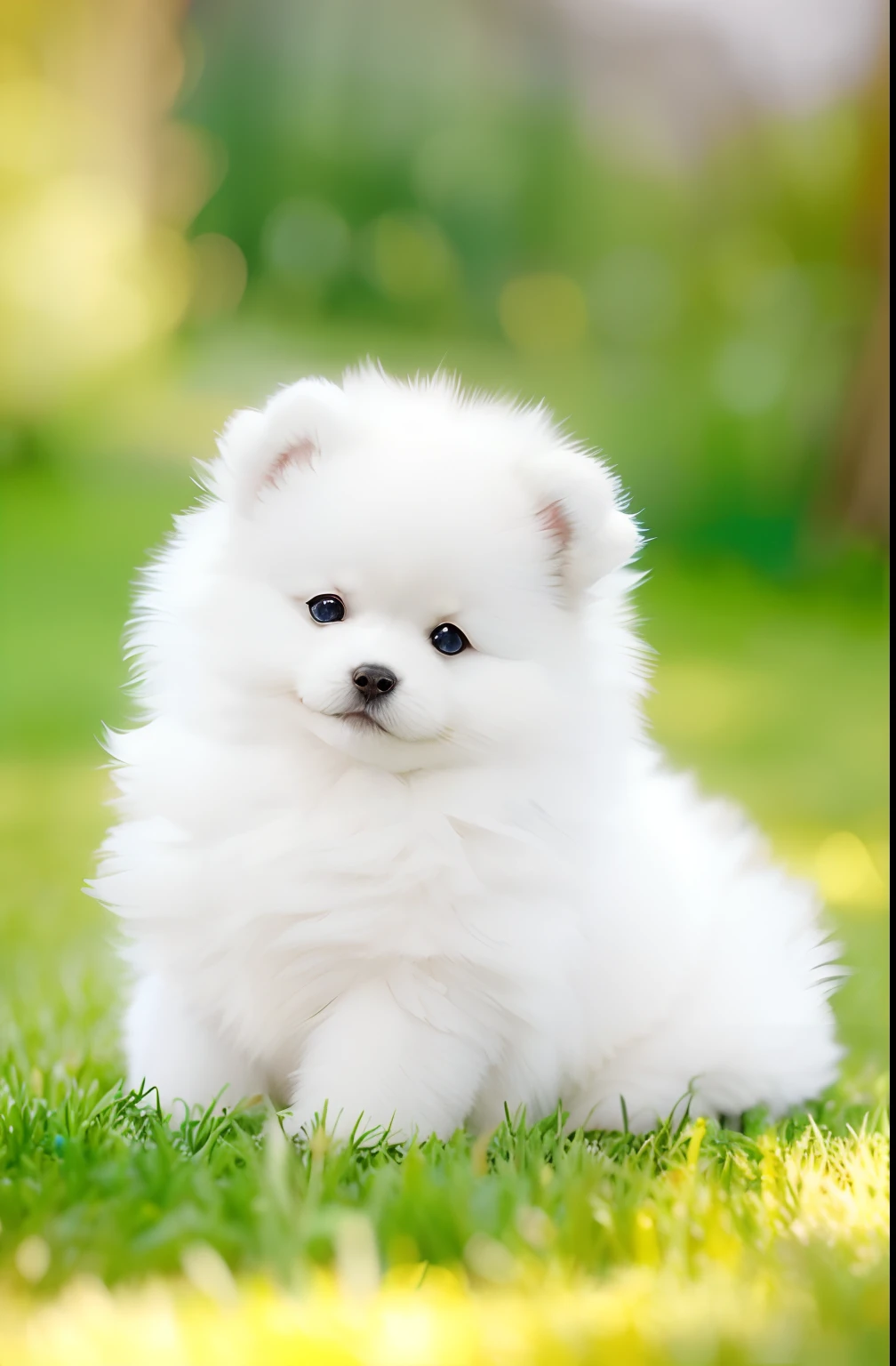 araffy white puppy sitting in the grass looking at the camera, pomeranian, cute dog, puppy, small white dog at her side, cute animal, pomeranian mix, small dog, soft and fluffy, fluffly!!!, fluffy!!!, very fluffy, cute and adorable, samoyed dog, fluffy'', super fluffy, outrageously fluffy