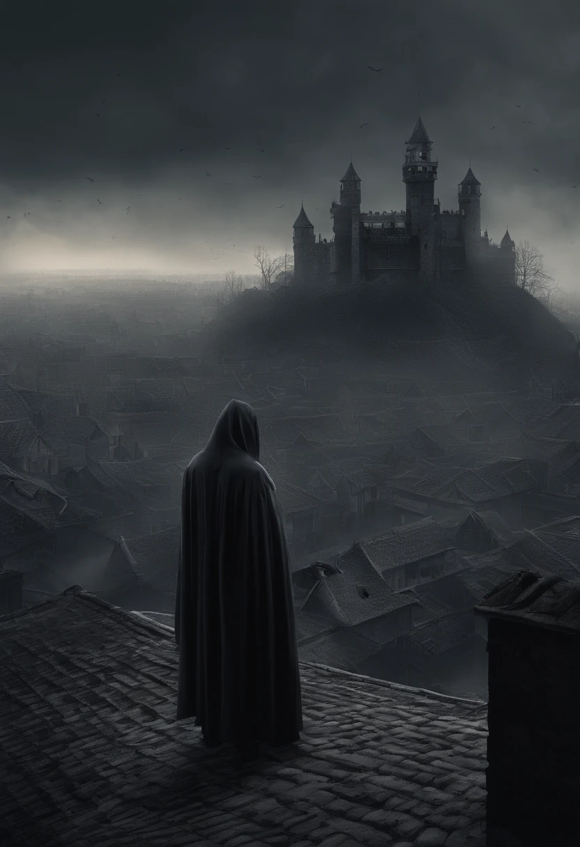 HD clear,Optimal image,illustration,超詳細,high detal,ninjartist,eventide,suns,preparing to fight,Stand on a medieval rooftop,Overlooking,crowd of,castle in distance