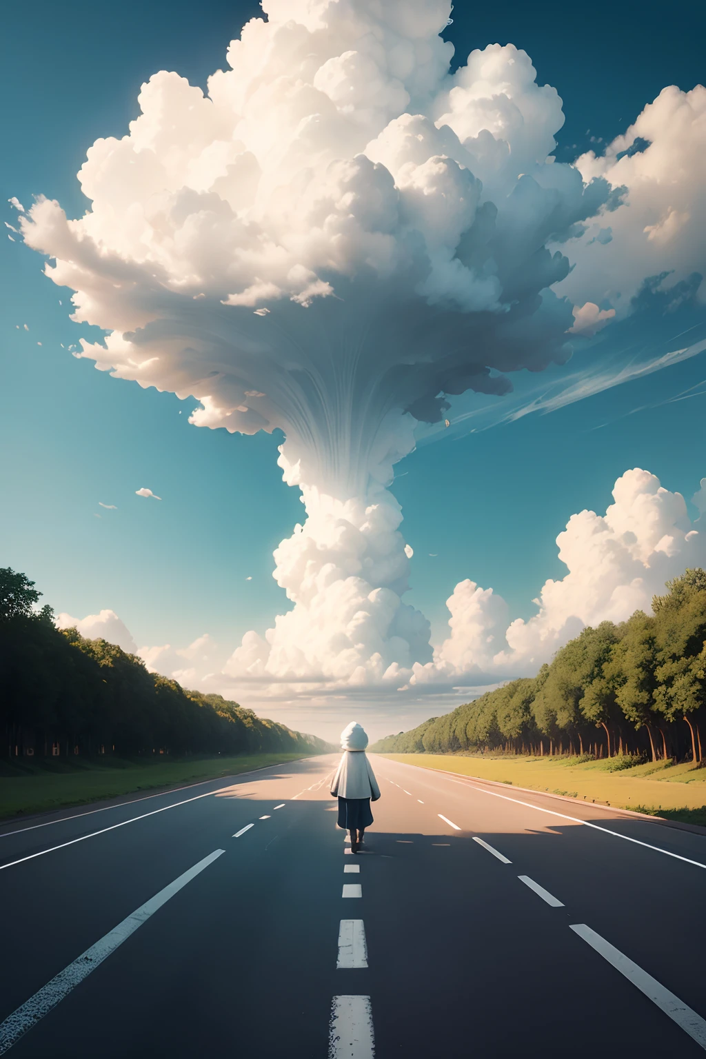 create a classical view long road full with cloud boy walking on road alone