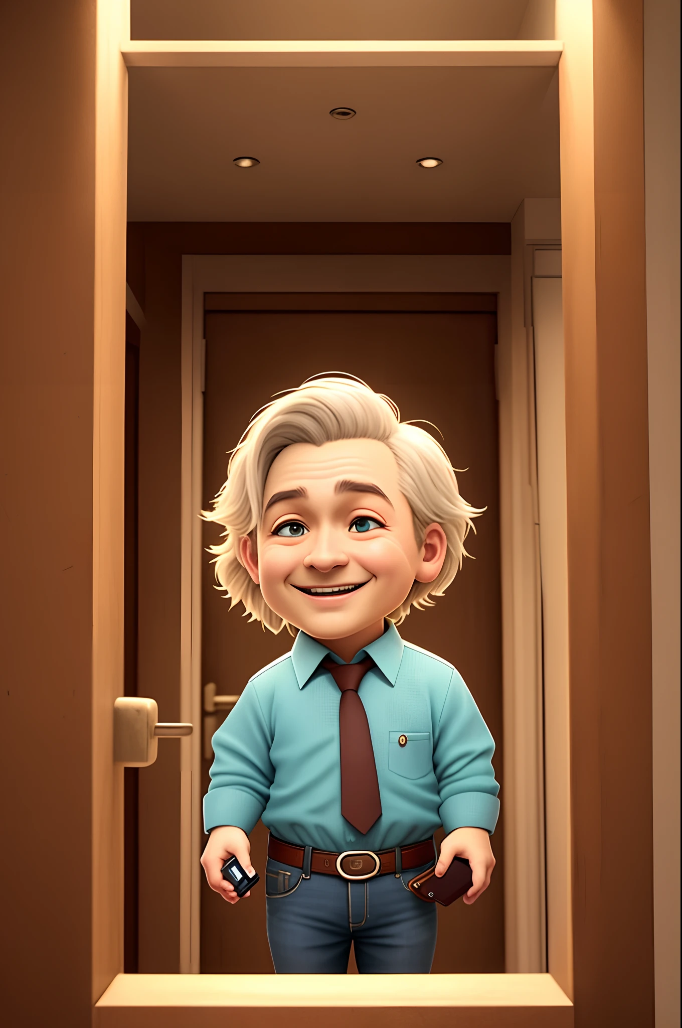 Poster 3D inspirado na Disney/Pixar capturing a scene with a 38-year-old man with a cheerful expression and smile. Ele tem cabelos curtos e escuros.
The man's face is oval, com olhos escuros e arredondados, medium size. The mouth is closed, And the expression is friendly. The ears are medium-sized and positioned on the side of the face. The sobracelae are thick and well-defined, and the nose is medium-sized and rounded.
He is animated in the center of his men's clothing store as suits and ties holding his cell phone inviting his customers to come in.
A loja tem um espelho ao fundo para mostrar profundidade com o nome da loja em destaque.
The name of the store is exactly EMY's