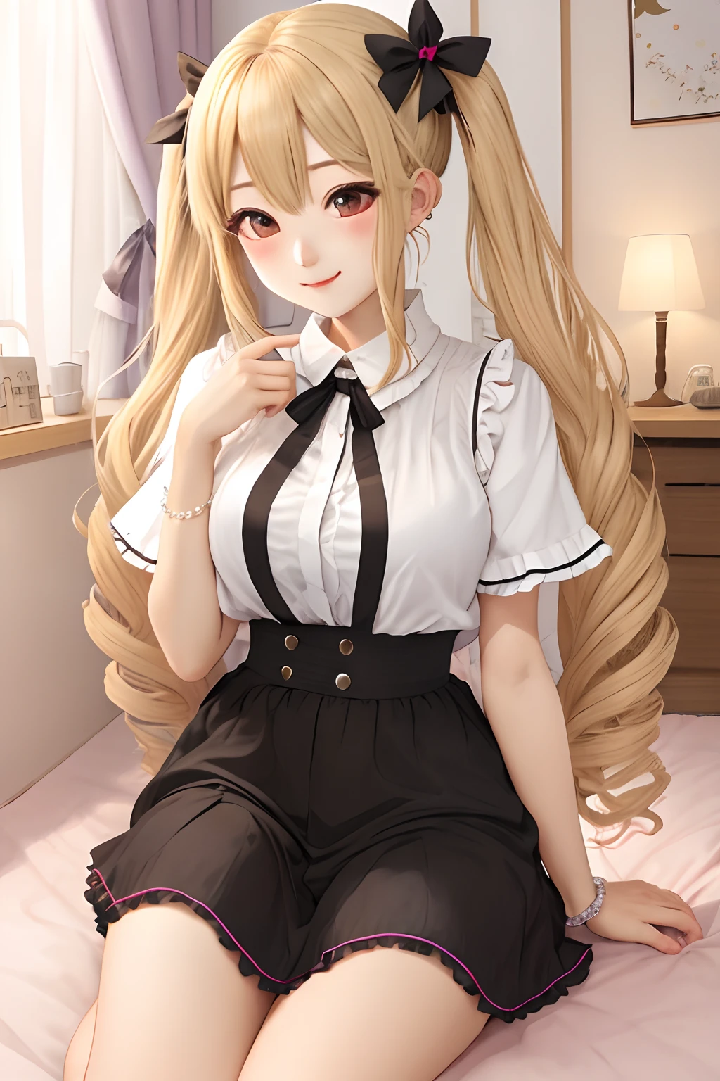 illustratio　Twin-tailed　a blond　girl with　kawaii　midnight　25-years old