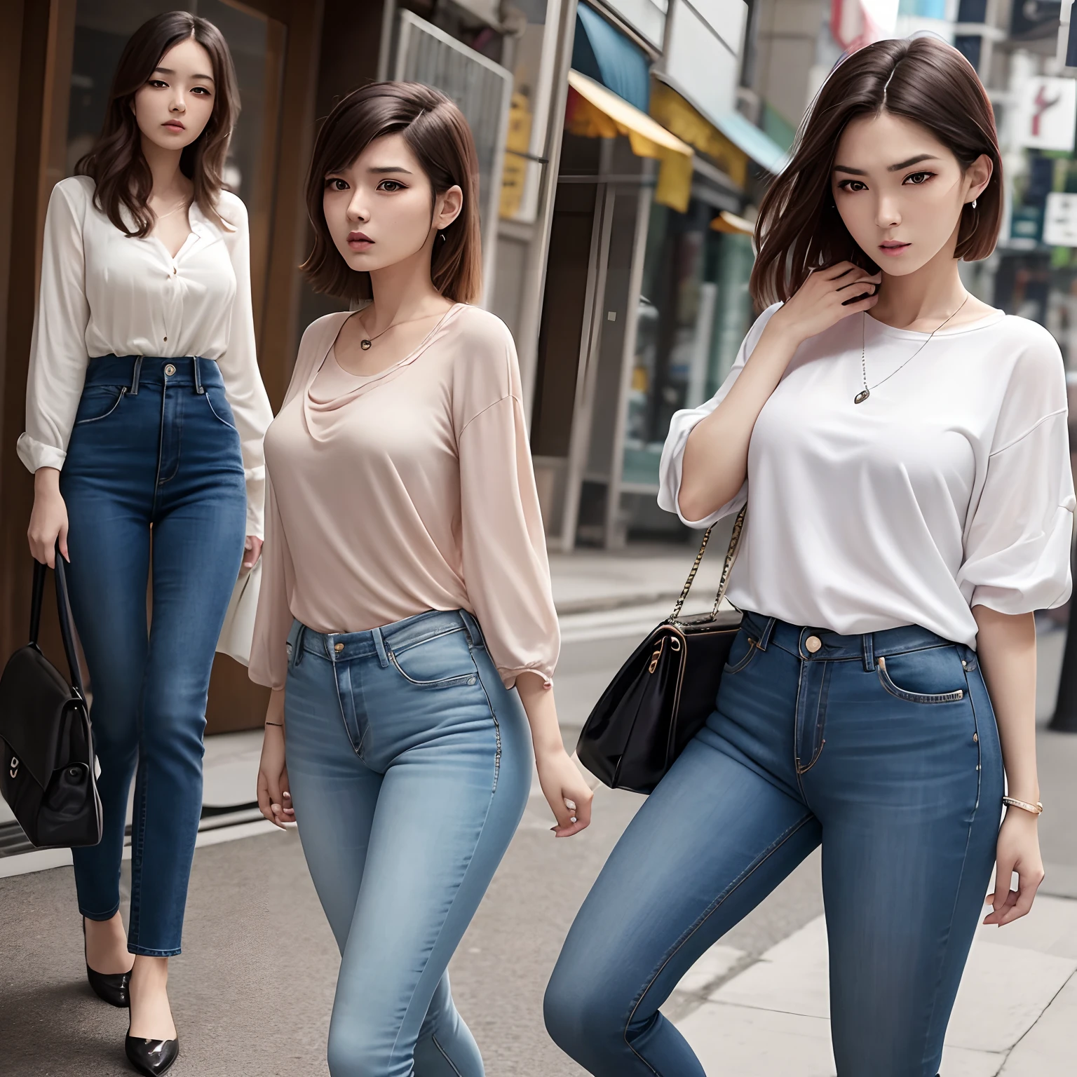 Japonesa jovem bela mulher, etnia oriental. Enfatize o cabelos curtos e o corte reto, estilo corte Chanel. angry expression on his face. Casual clothes, blouse and jeans.