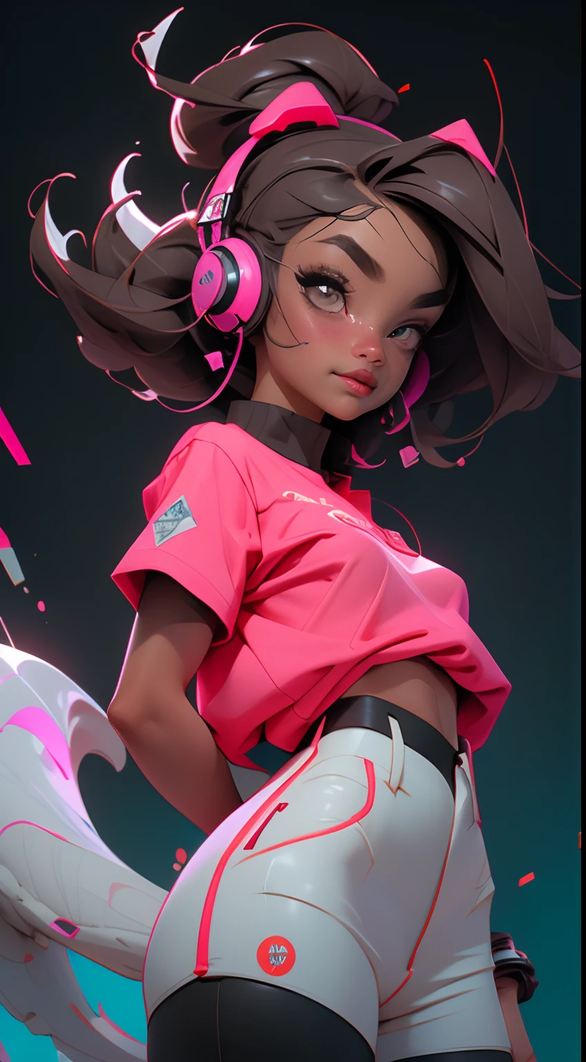 (Melhor qualidade), (obra-prima), (realista) and ultra-detailed photo of cute girl in futuristic neon headphones with plastic fox ears, Ela tem um (de capuz), usa couro (desabotoado) jaqueta de corrida rosa-preto em um corpo nu, sob o qual podemos ver ((enormes peitinhos eretos semiabertos)), (mamilos eretos), barriga aberta, shorts apertados de couro, e exala uma vibe (beautiful and aesthetic), corpo sexy , pupilas detalhadas, detailed iris of eyes, Um sorriso envergonhado e lascivo abrindo a boca,