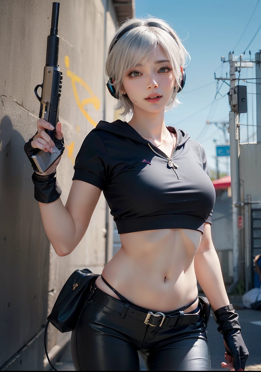 1girl, navel, solo, breasts, realistic, gloves, white_hair, looking_at_viewer, thigh_strap, science_fiction, short_hair, lips, midriff, medium_breasts, standing, blue_eyes, armor, cable, weapon, cowboy_shot, blue_sky, sky, machinery, 